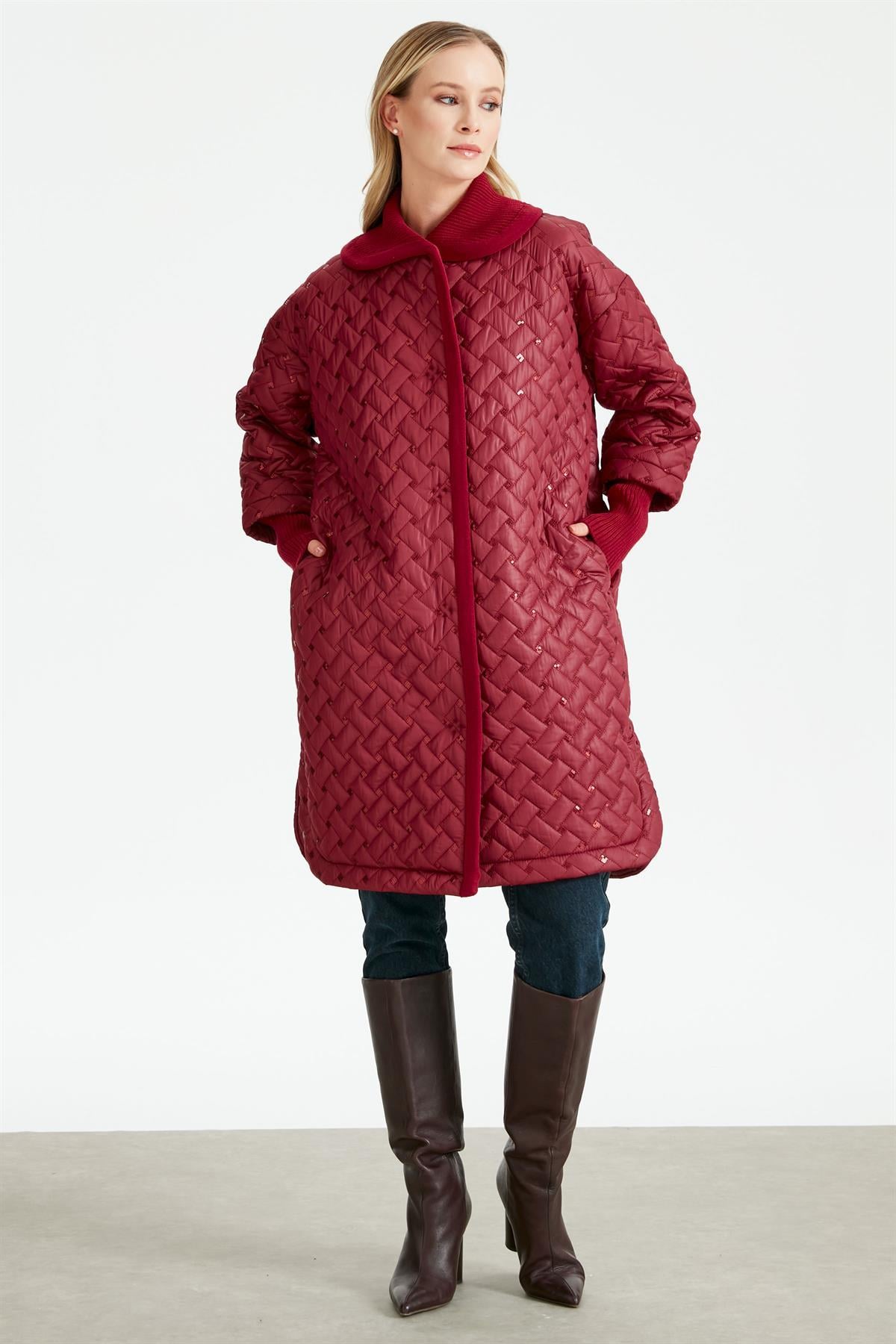 Triko Garnili Pullu Kapitone Hırka BORDO