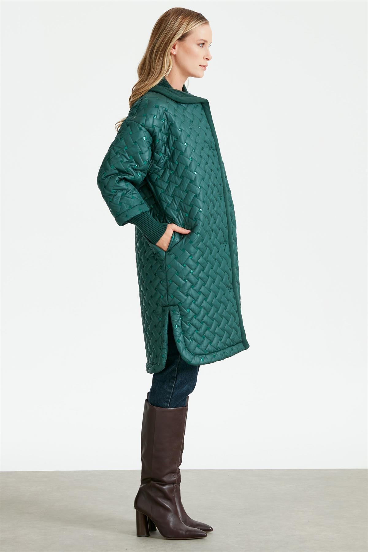 Triko Garnili Pullu Kapitone Hırka YEŞİL