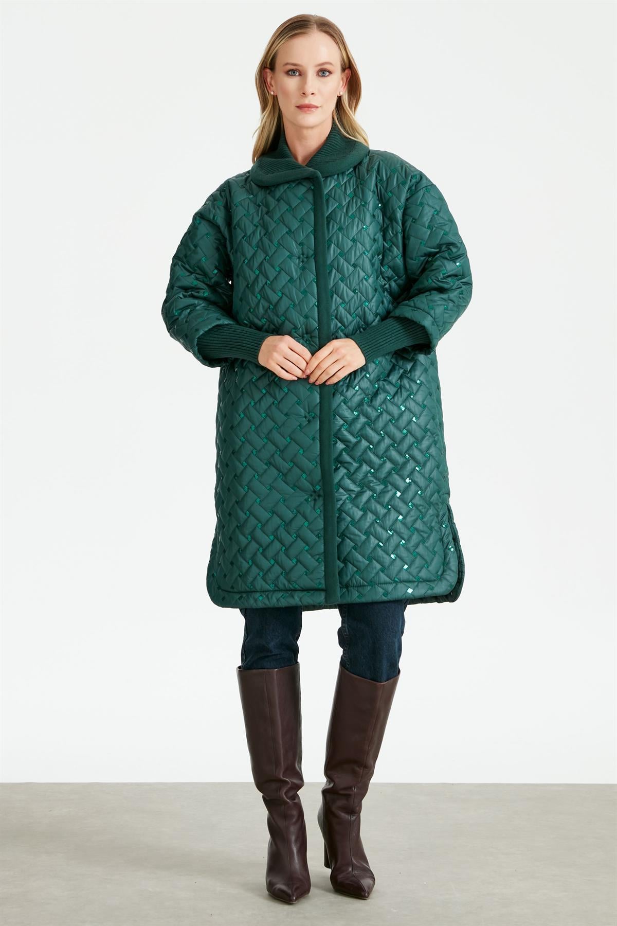 Triko Garnili Pullu Kapitone Hırka YEŞİL