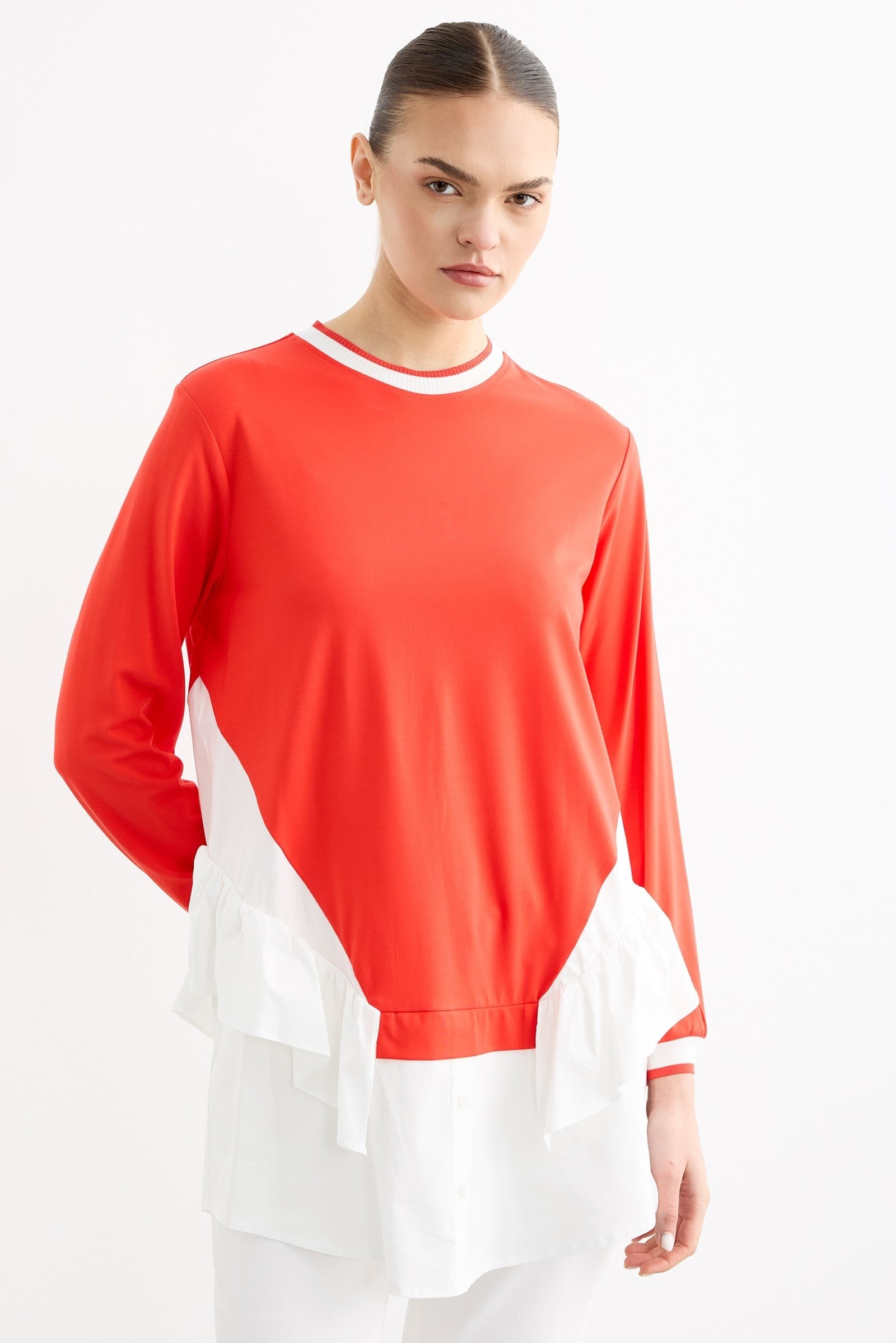 Triko Ribanalı Poplin Mix Volanlı Tunik MERCAN