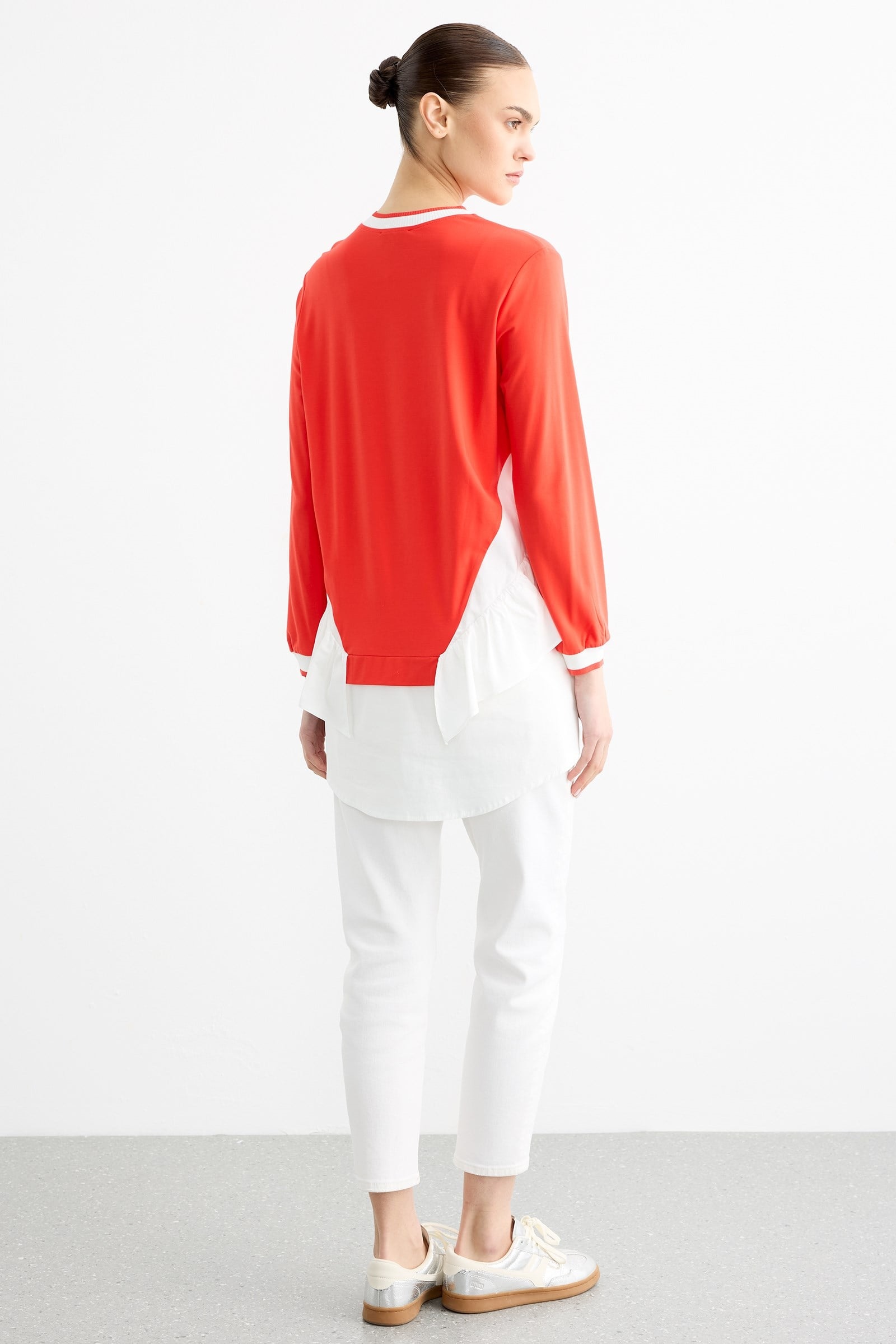 Triko Ribanalı Poplin Mix Volanlı Tunik MERCAN