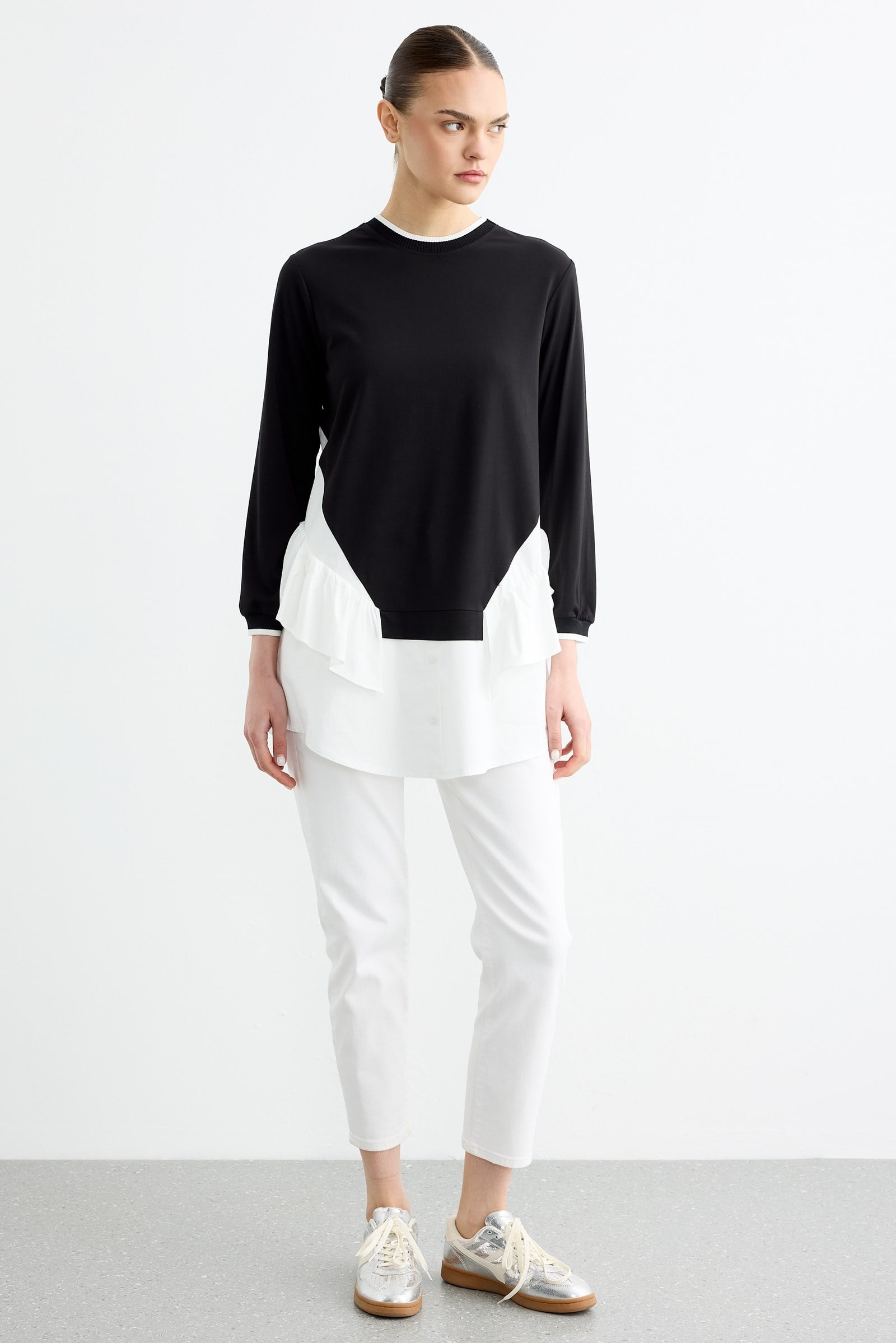 Triko Ribanalı Poplin Mix Volanlı Tunik SİYAH