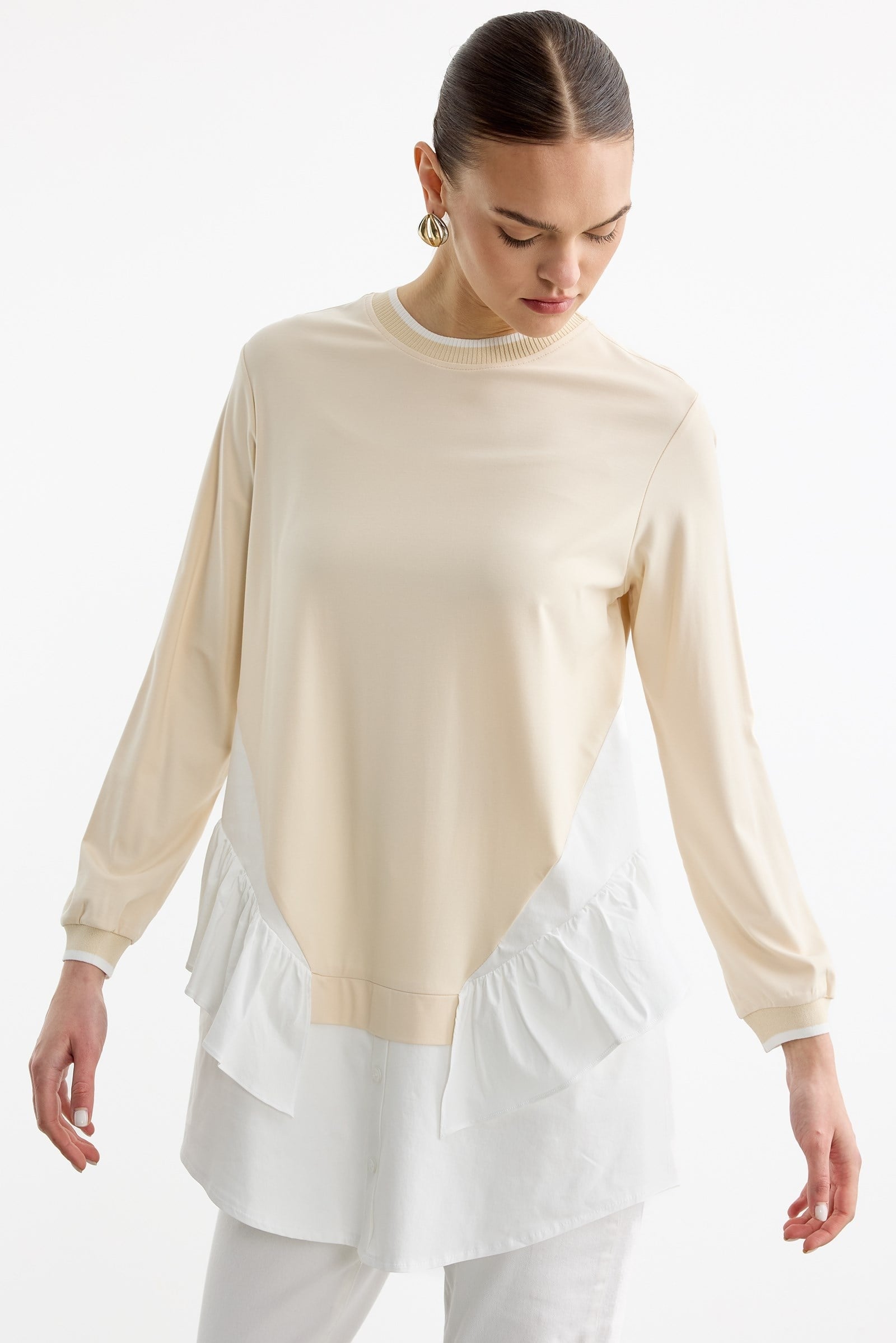 Triko Ribanalı Poplin Mix Volanlı Tunik BEJ