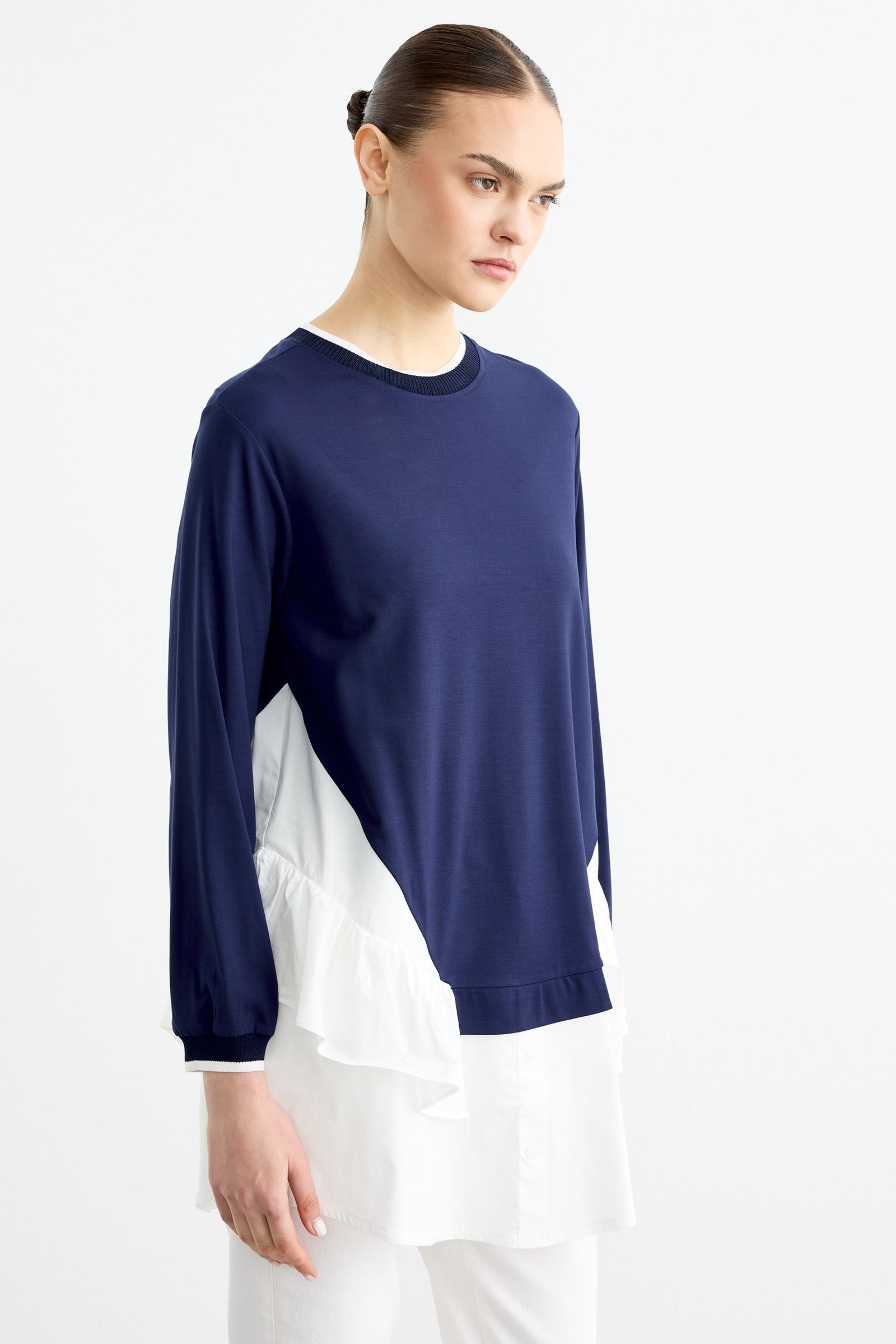 Triko Ribanalı Poplin Mix Volanlı Tunik LACİVERT