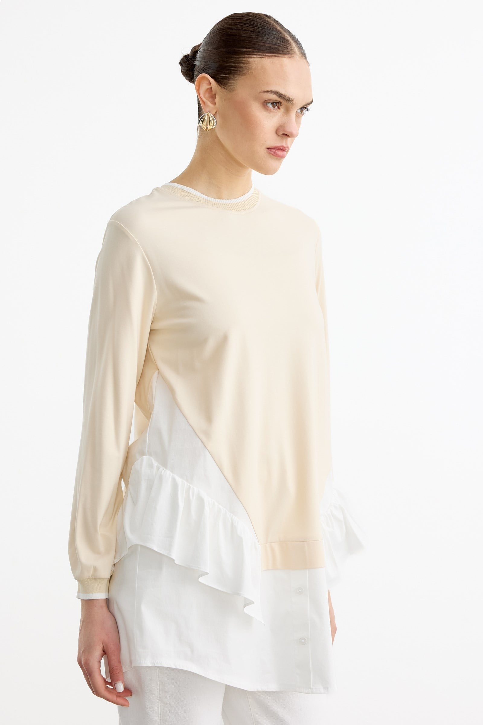 Triko Ribanalı Poplin Mix Volanlı Tunik BEJ