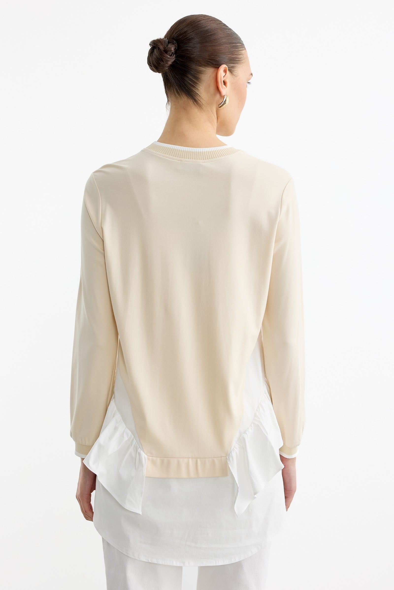 Triko Ribanalı Poplin Mix Volanlı Tunik BEJ