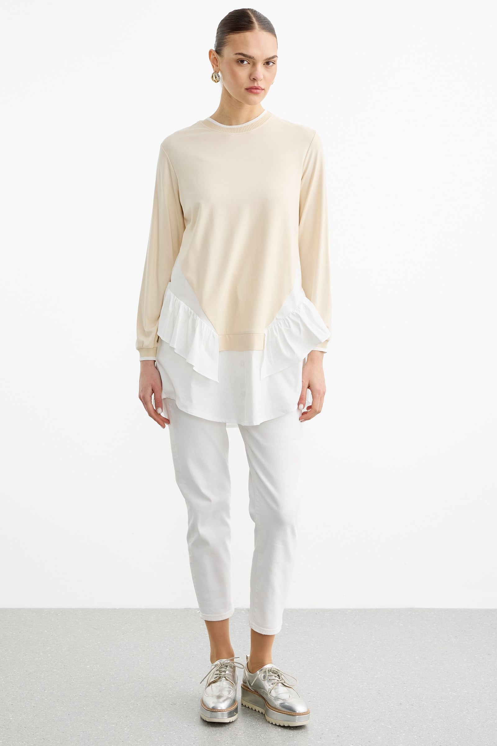 Triko Ribanalı Poplin Mix Volanlı Tunik BEJ