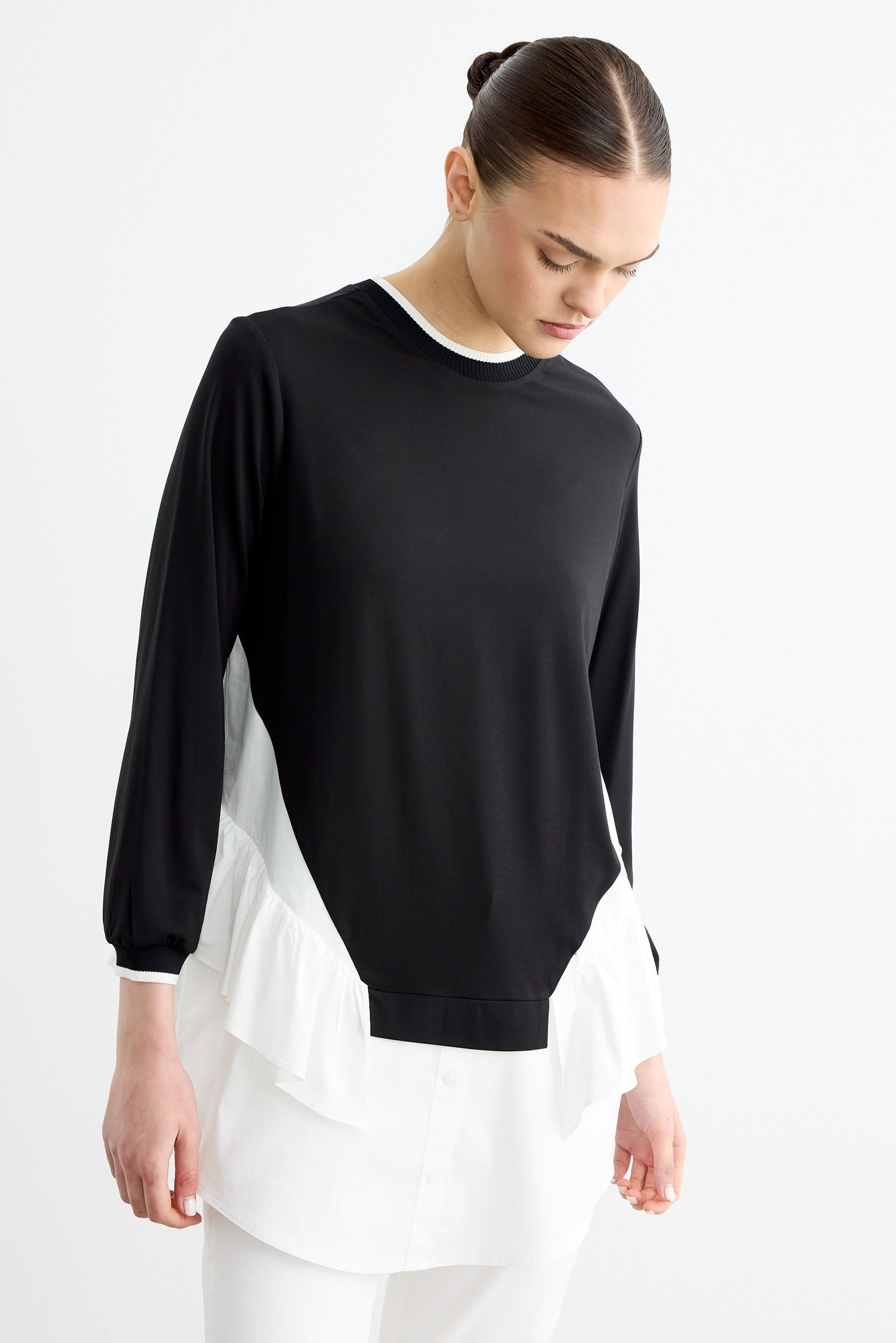 Triko Ribanalı Poplin Mix Volanlı Tunik SİYAH