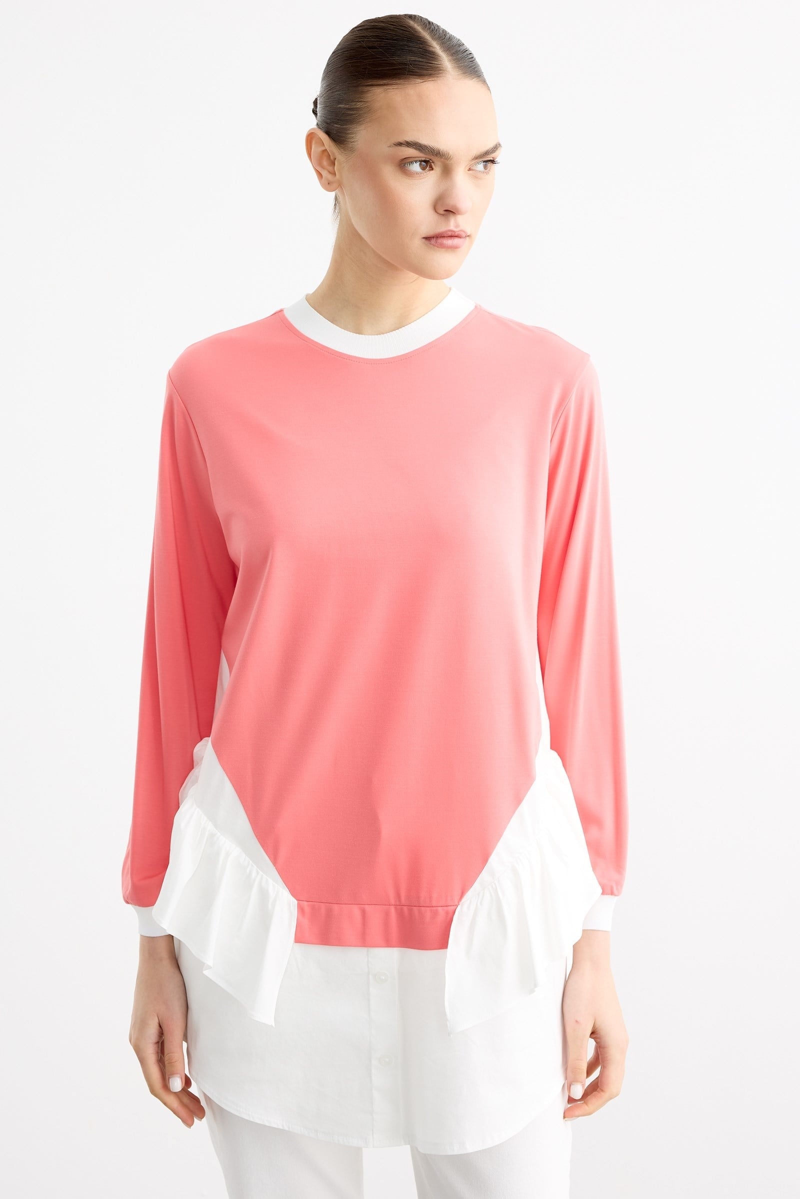 Triko Ribanalı Poplin Mix Volanlı Tunik KARİDES