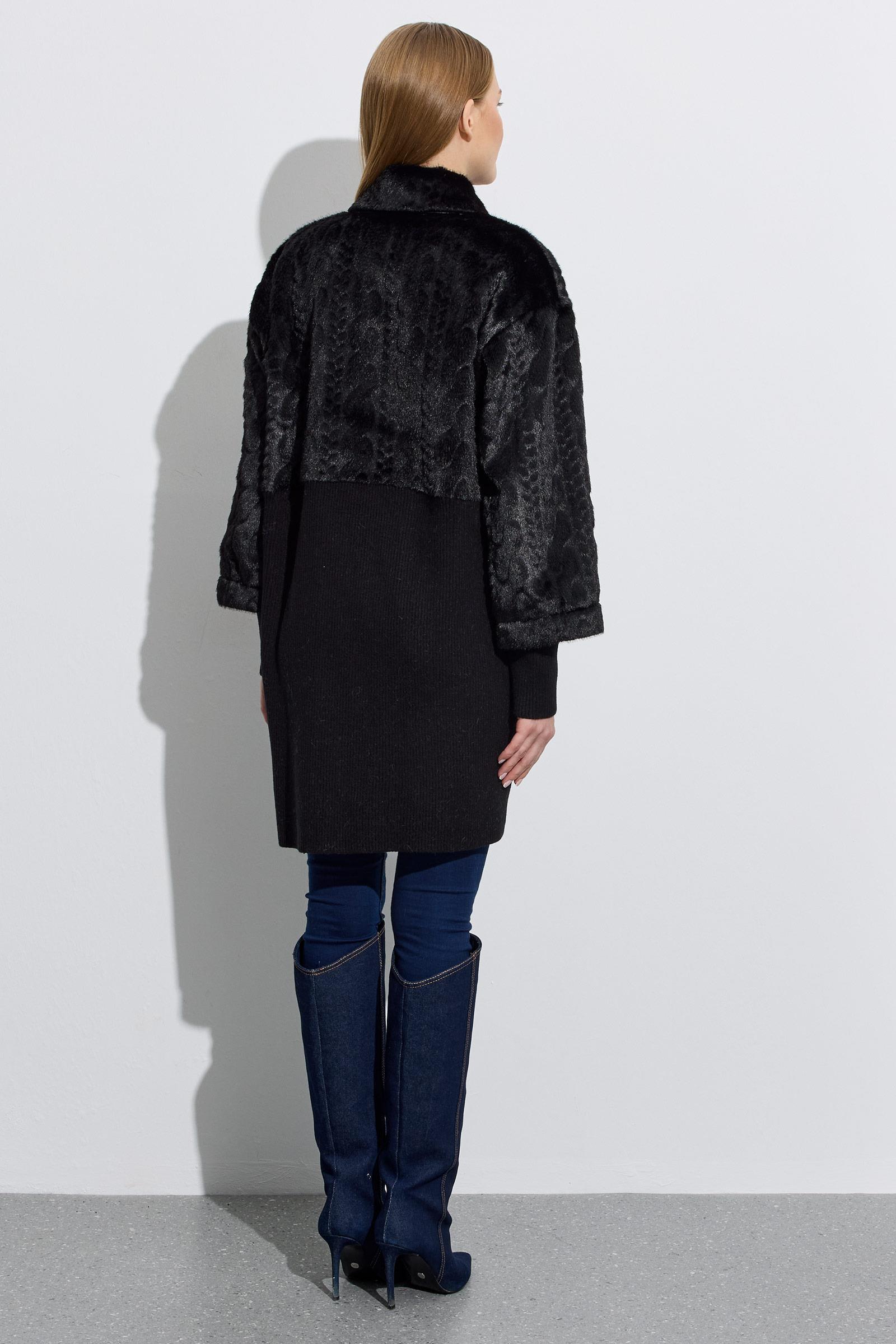 Triko Ve Saç Örgü Kombinli Kaban SİYAH