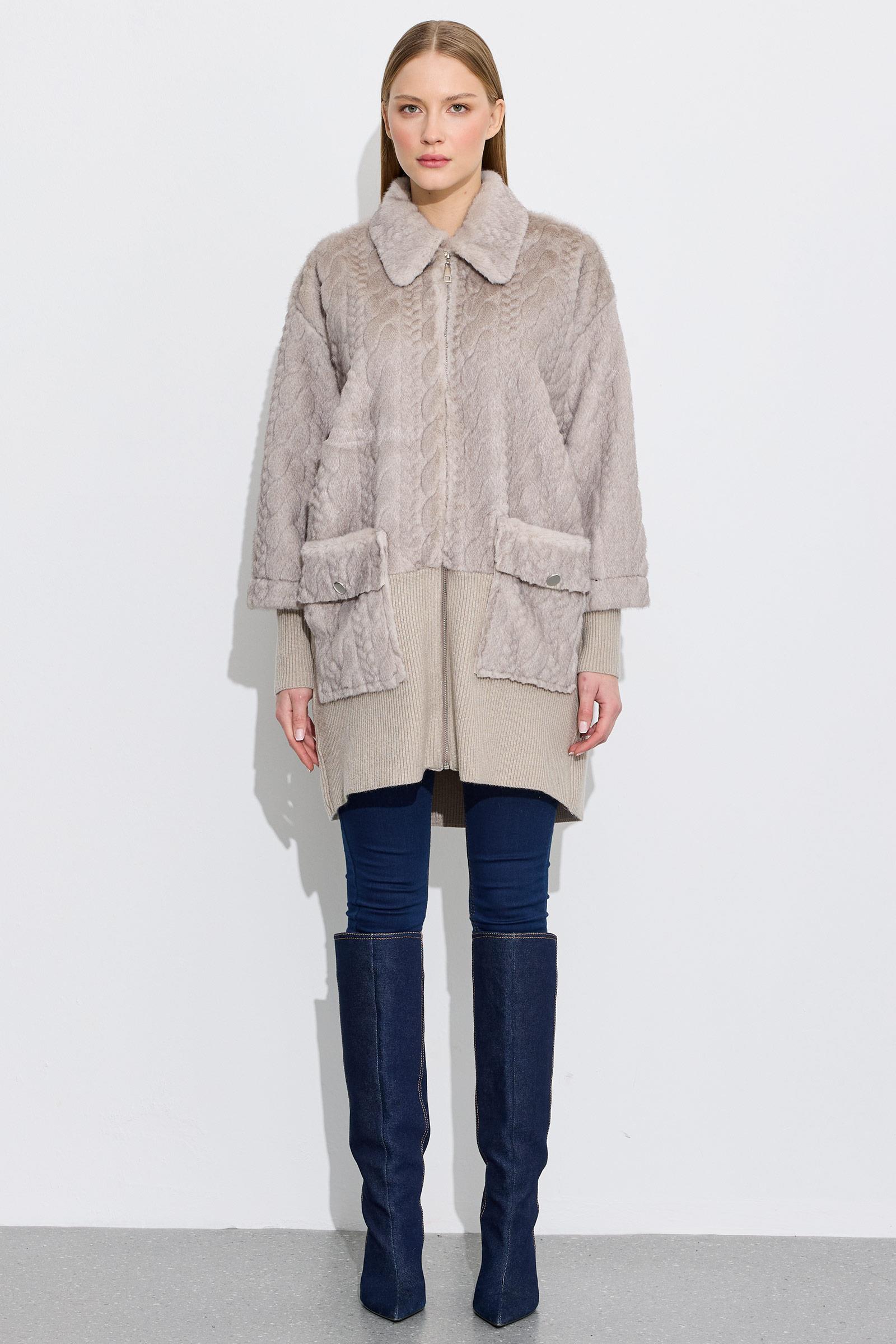 Triko Ve Saç Örgü Kombinli Kaban VİZON