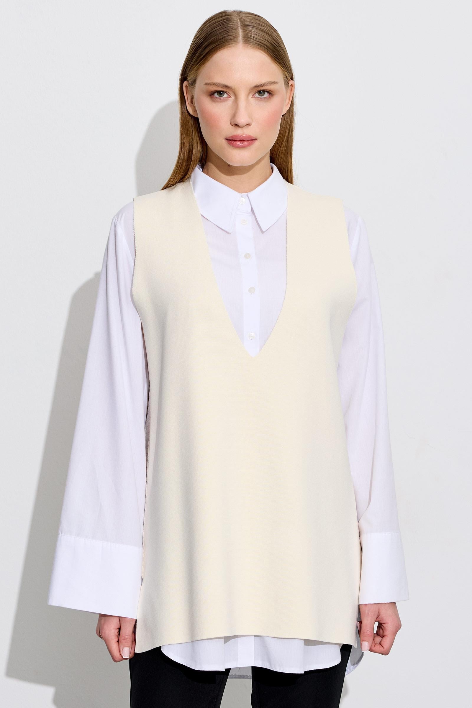 V Yaka Rayon Süveter VANİLLA