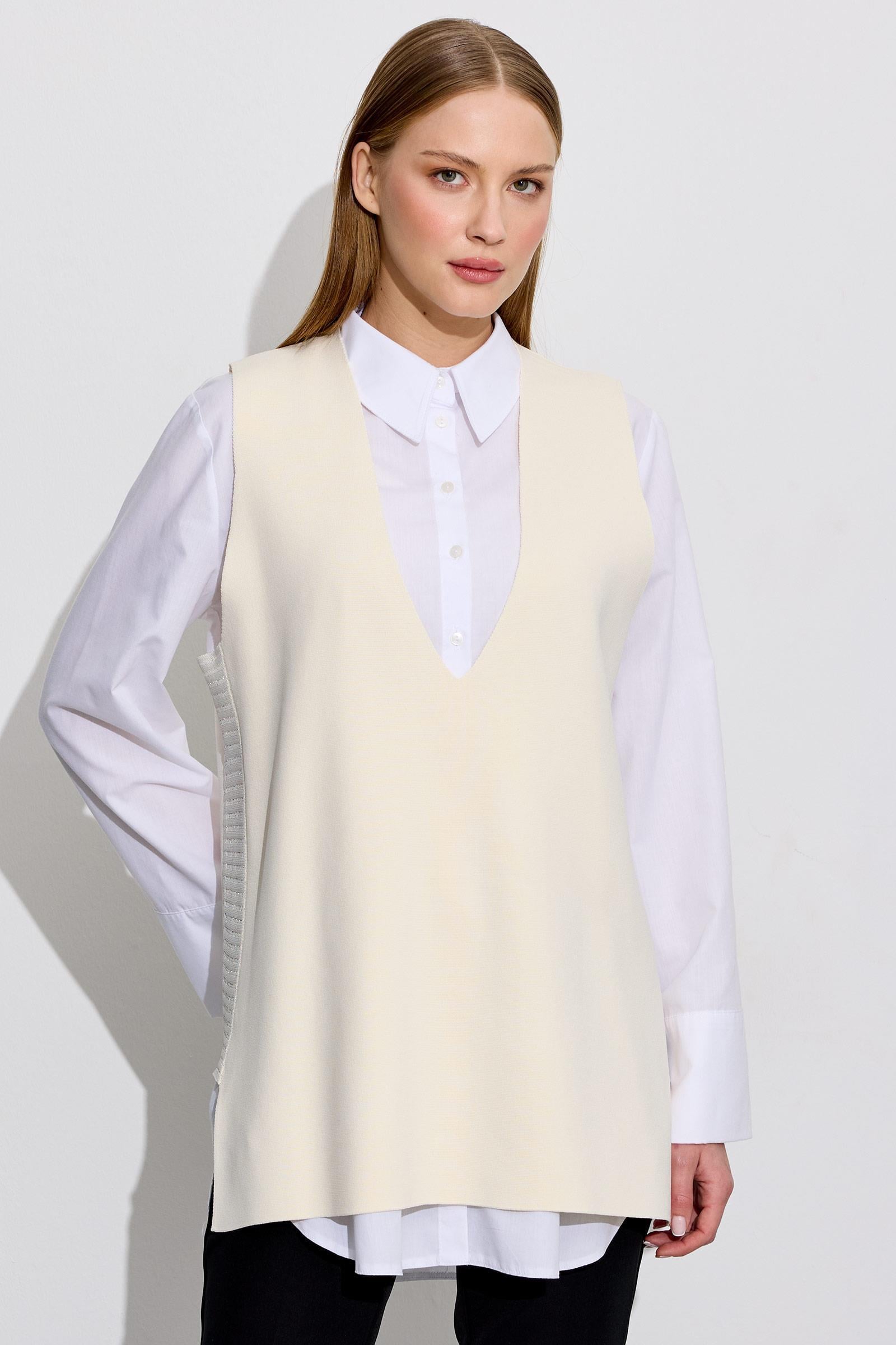 V Yaka Rayon Süveter VANİLLA