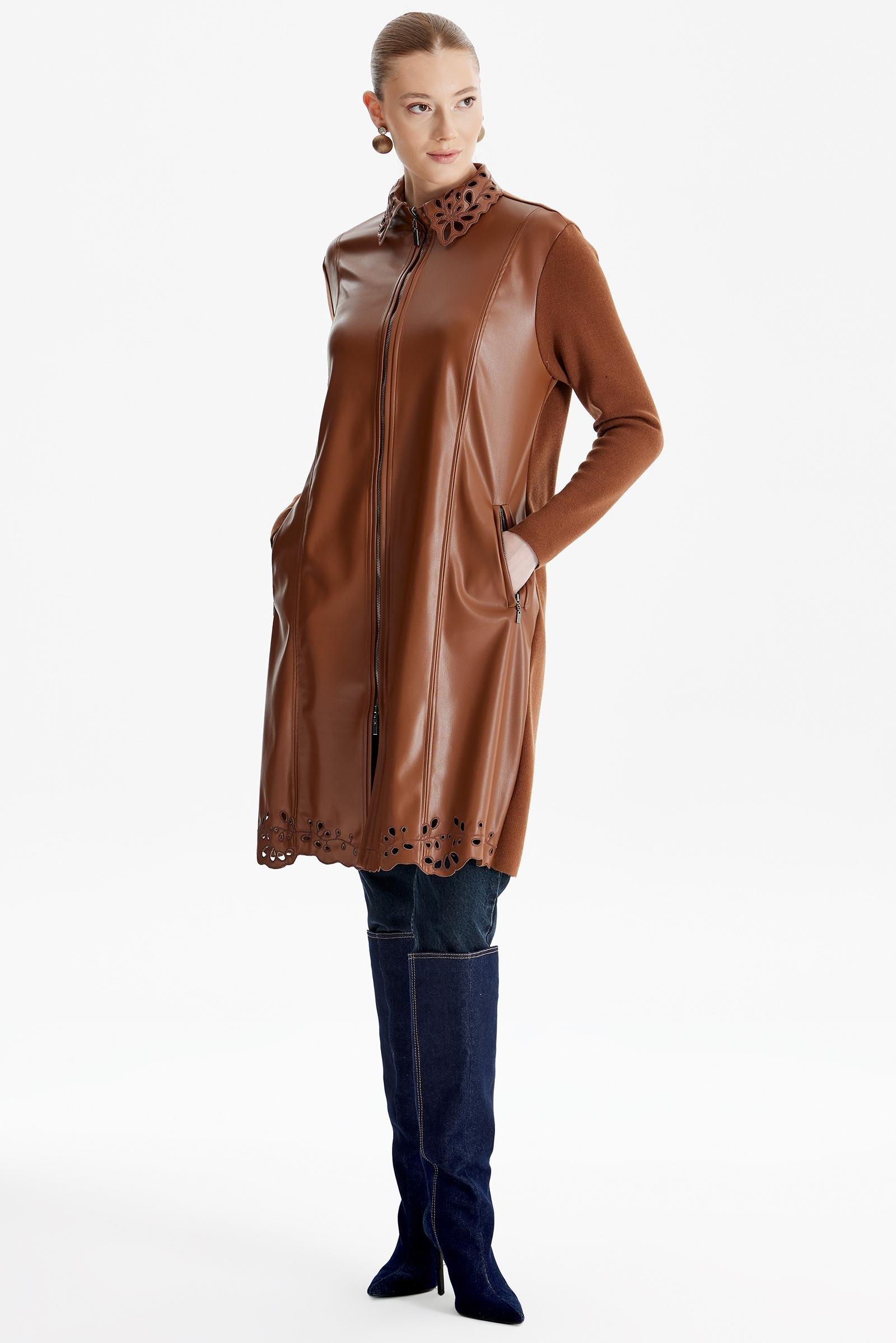 Yaka Ve Etek Ucu Nakışlı Deri Hırka KAHVE