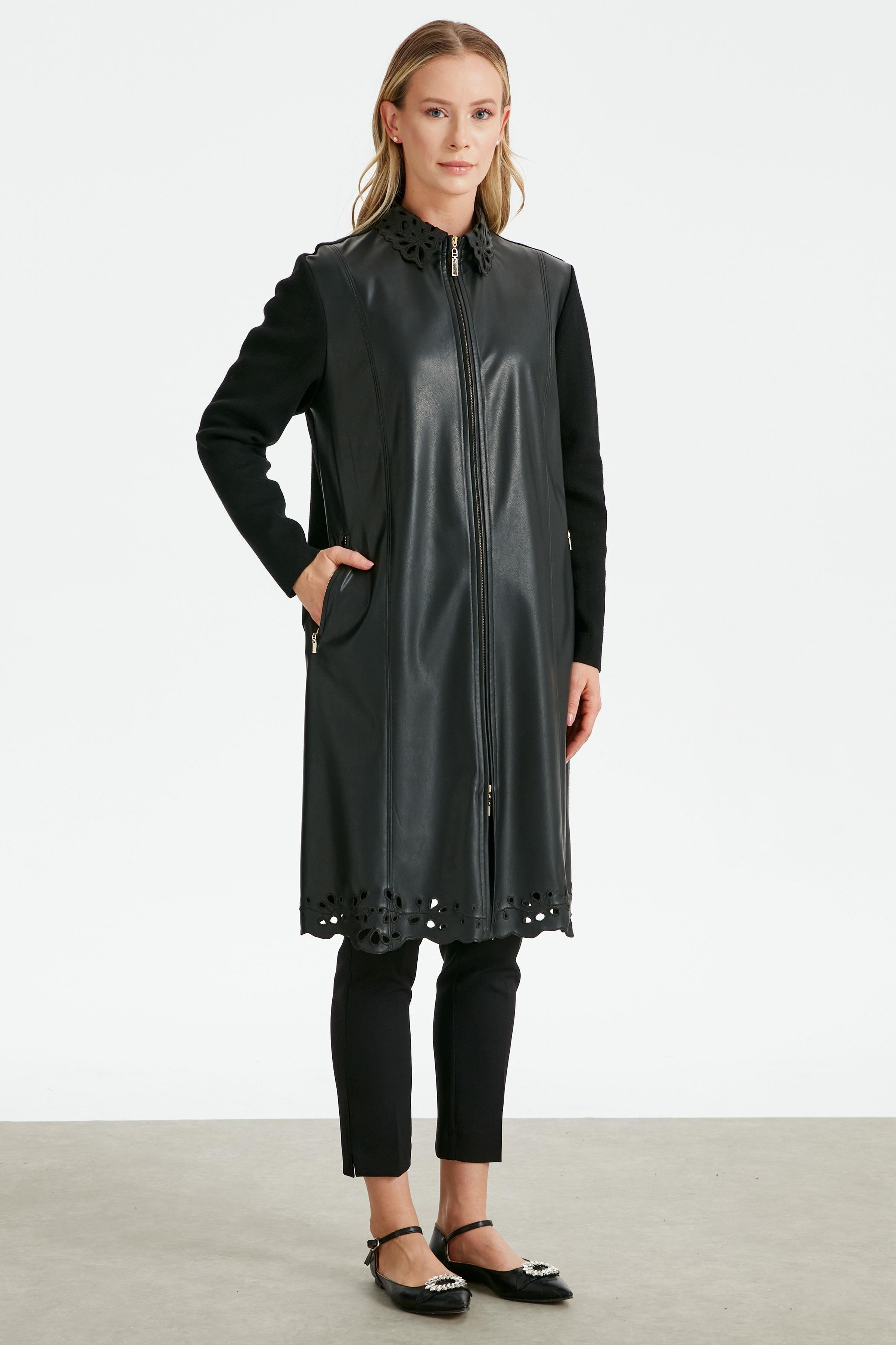 Yaka Ve Etek Ucu Nakışlı Deri Hırka SİYAH