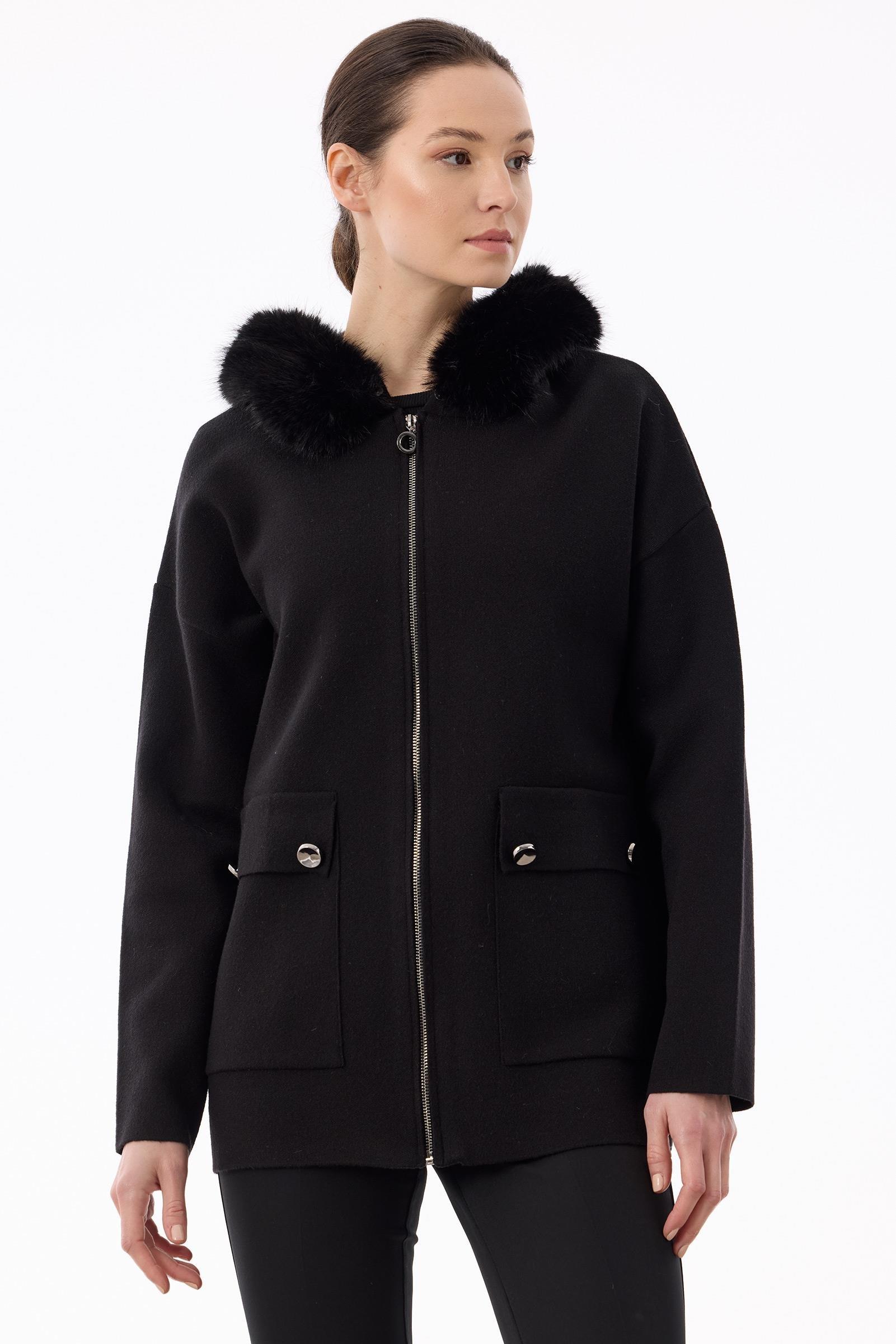 Yakası Kürklü Triko Hırka SİYAH