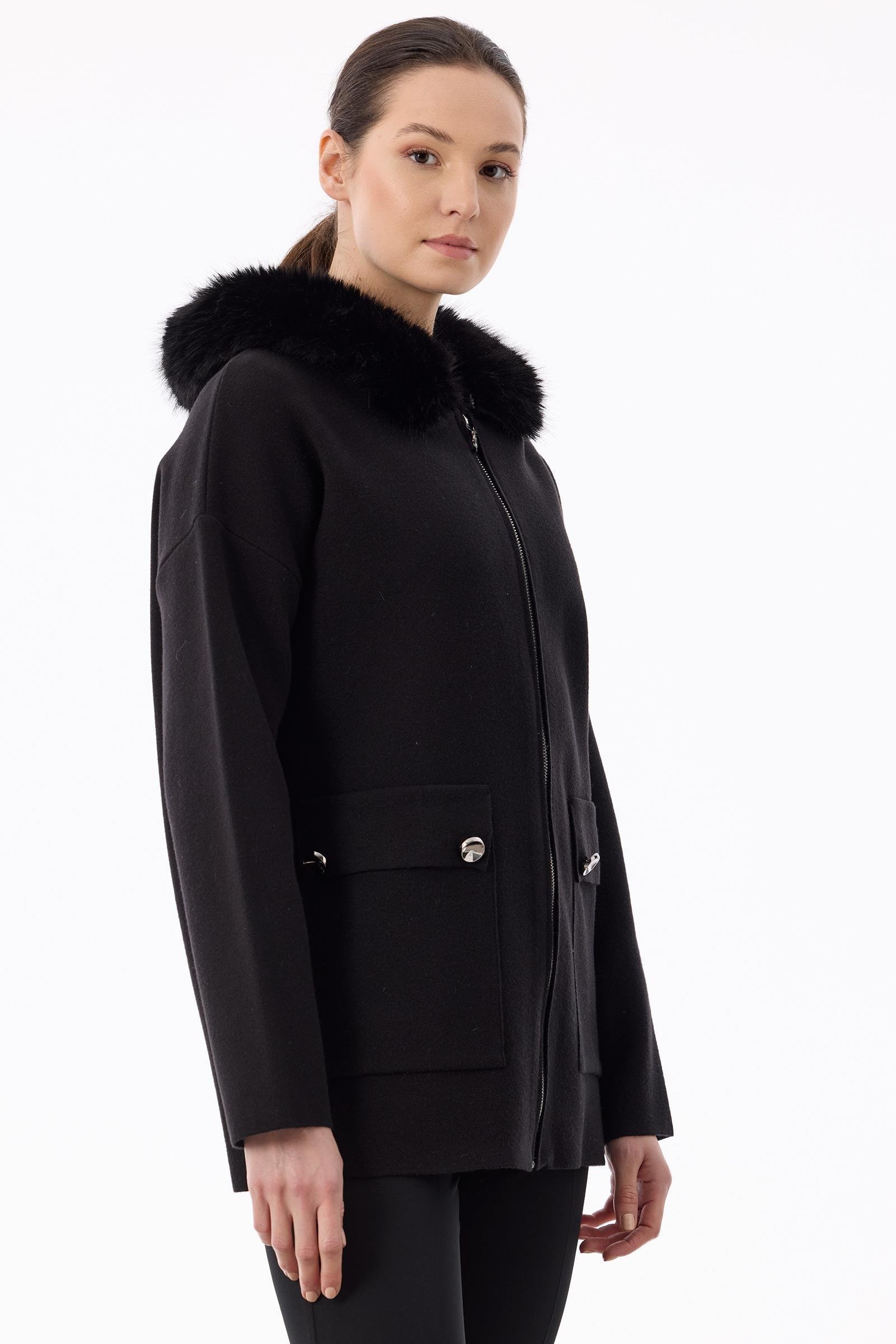 Yakası Kürklü Triko Hırka SİYAH