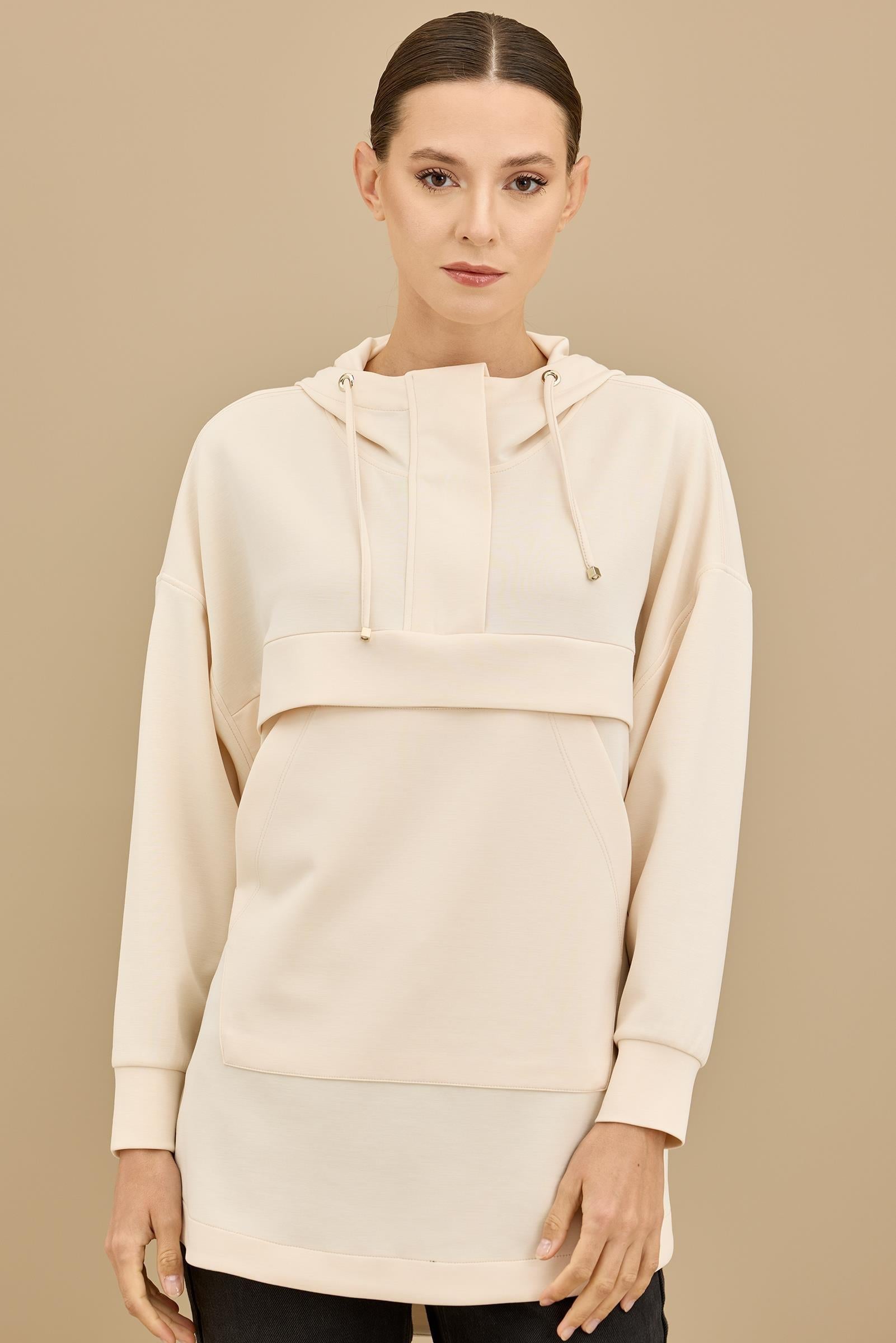 Yarım Fermuarlı Kapüşonlu Robası Allerli Tunik BEJ