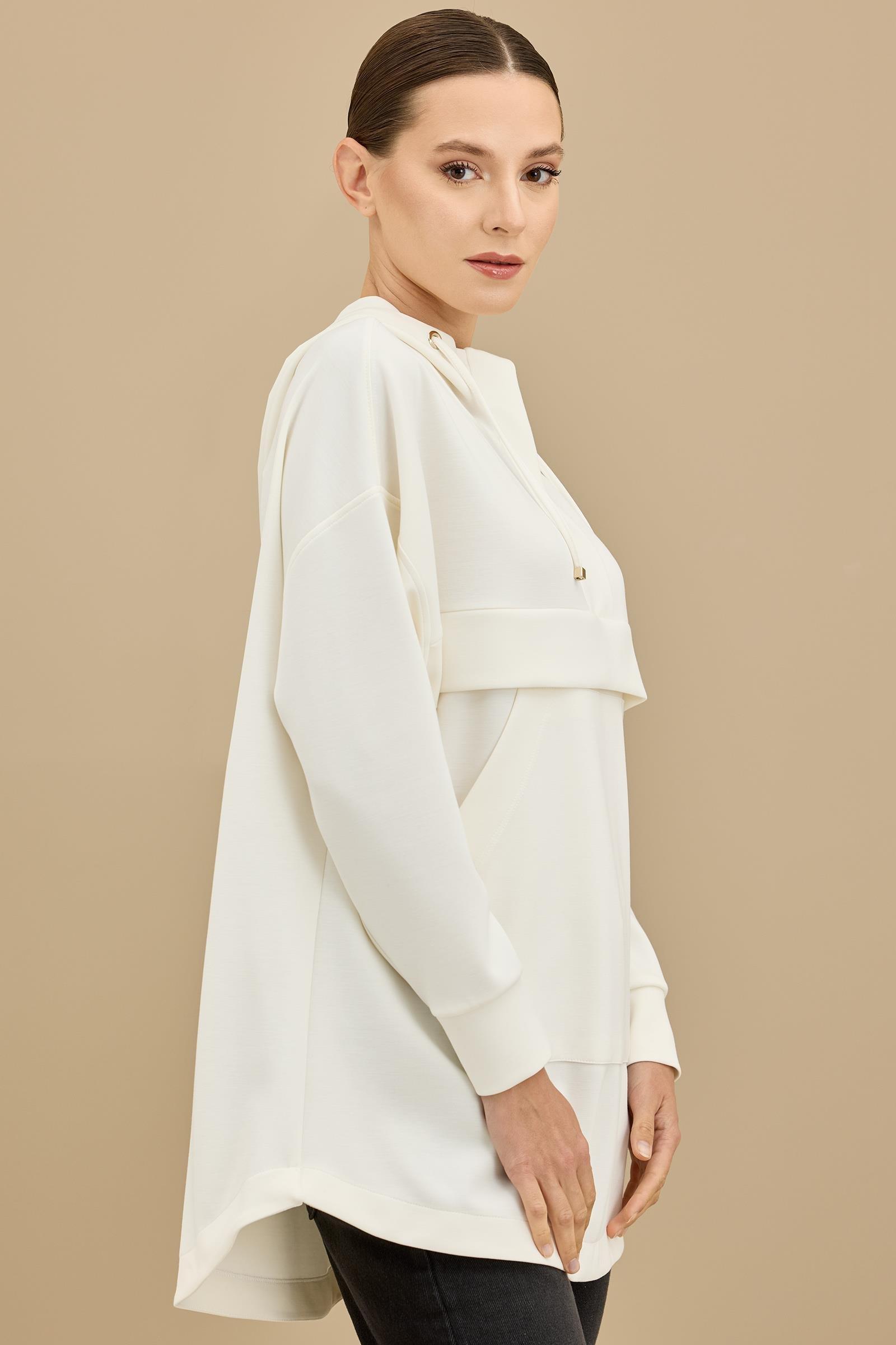 Yarım Fermuarlı Kapüşonlu Robası Allerli Tunik EKRU