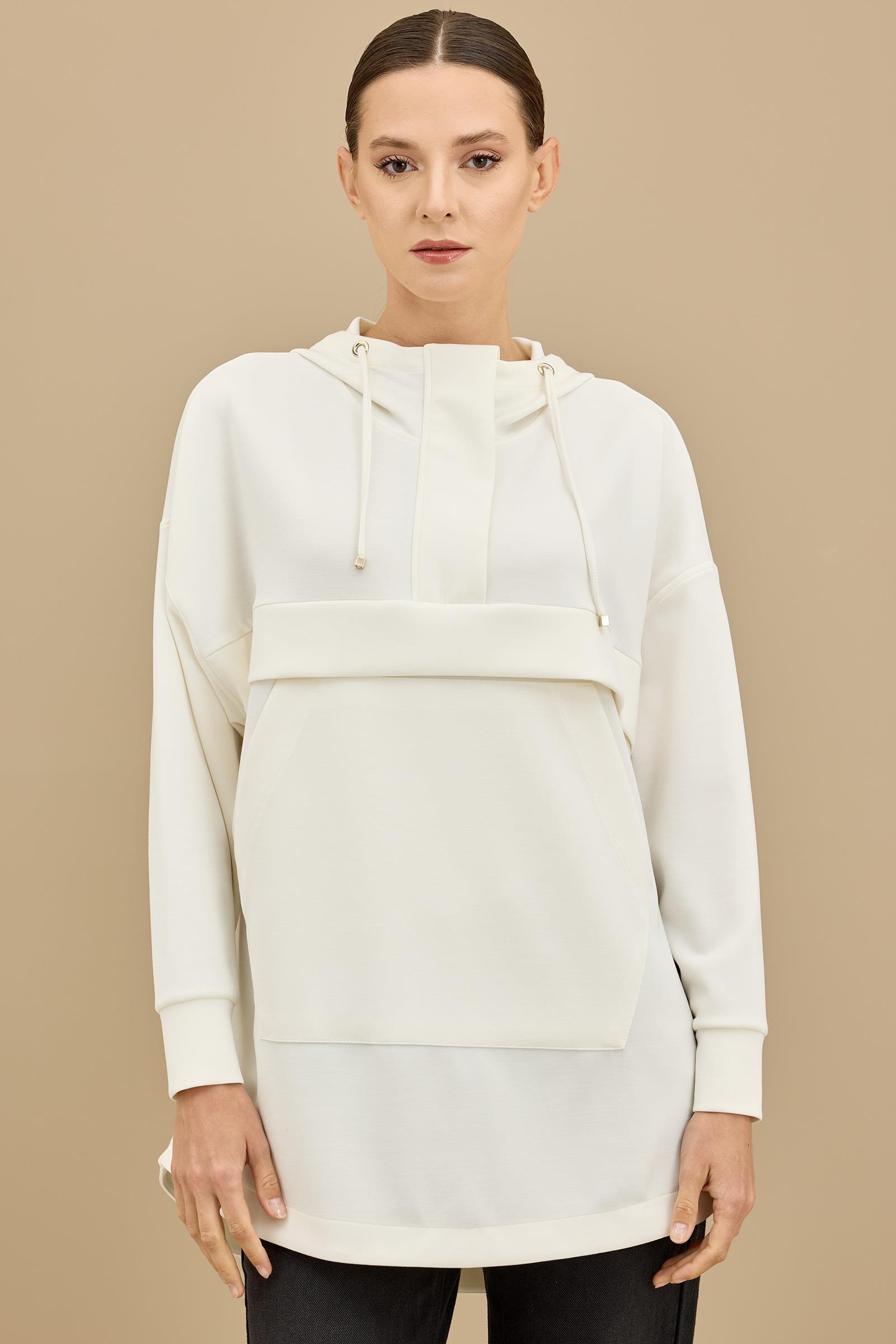 Yarım Fermuarlı Kapüşonlu Robası Allerli Tunik EKRU