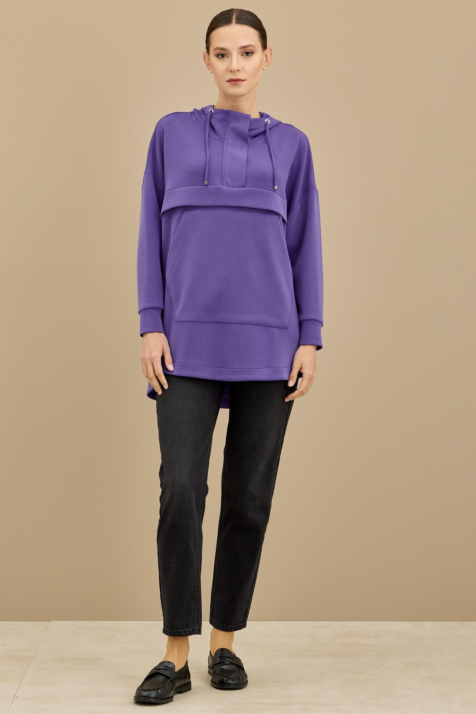 Yarım Fermuarlı Kapüşonlu Robası Allerli Tunik MOR