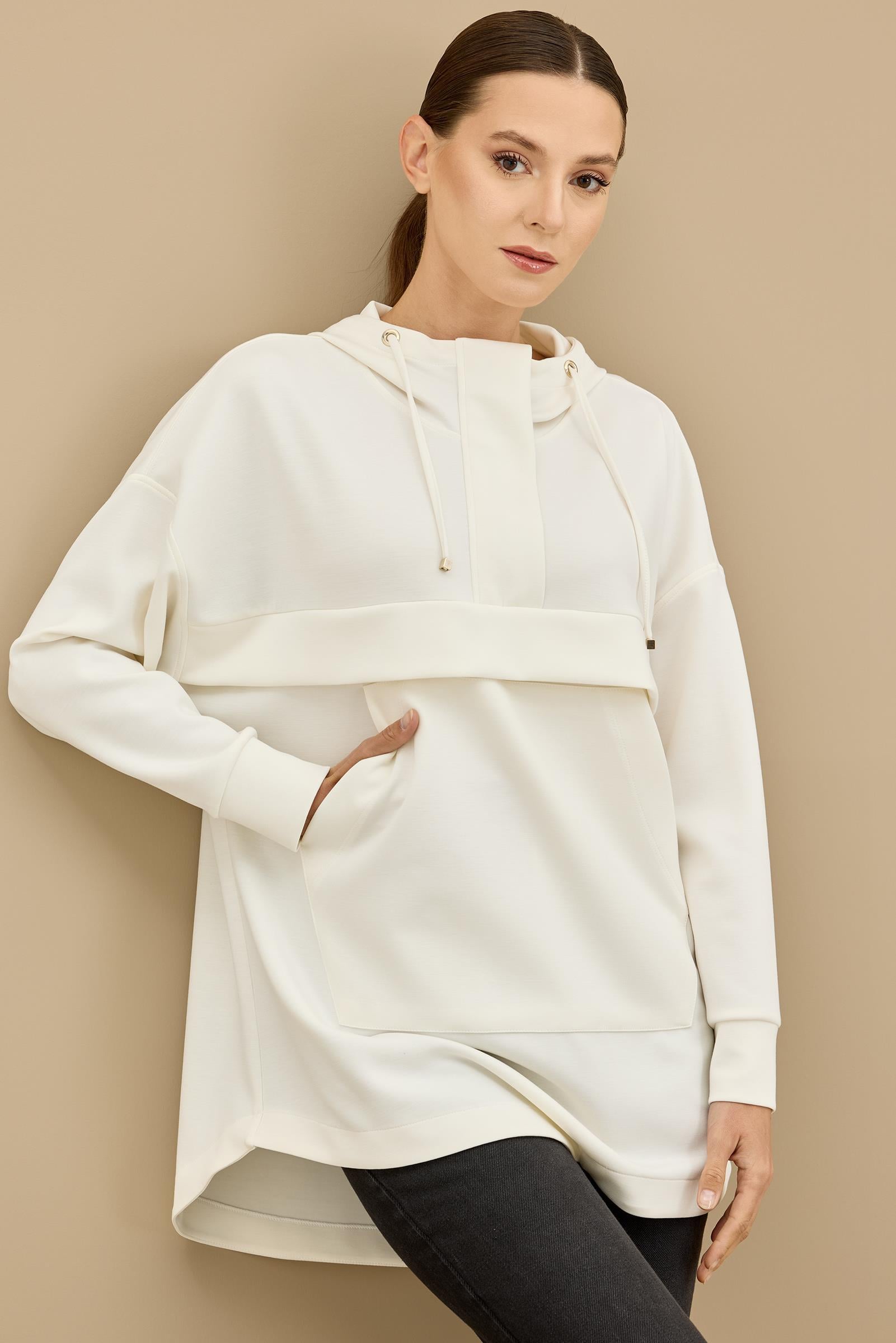 Yarım Fermuarlı Kapüşonlu Robası Allerli Tunik EKRU