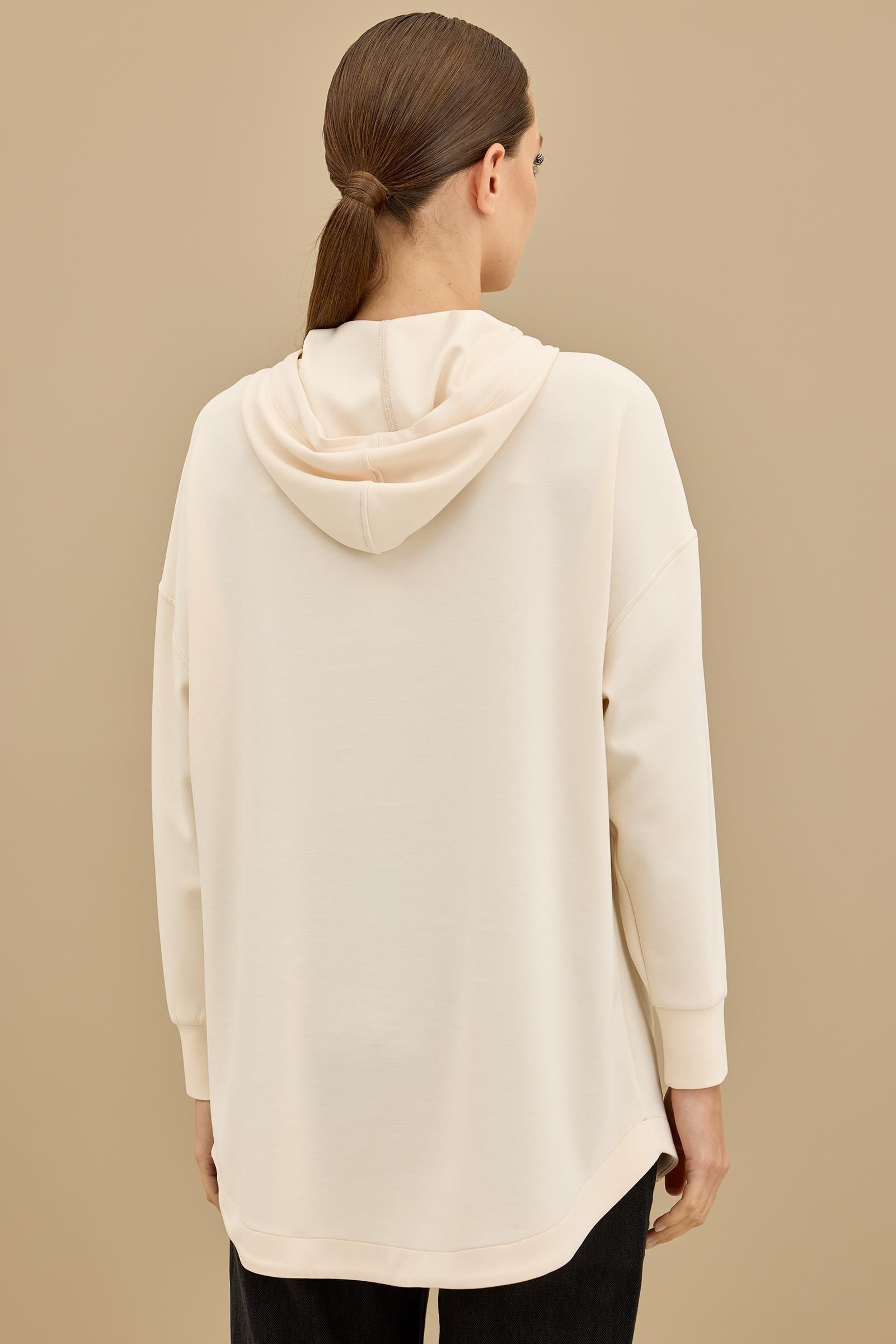 Yarım Fermuarlı Kapüşonlu Robası Allerli Tunik BEJ