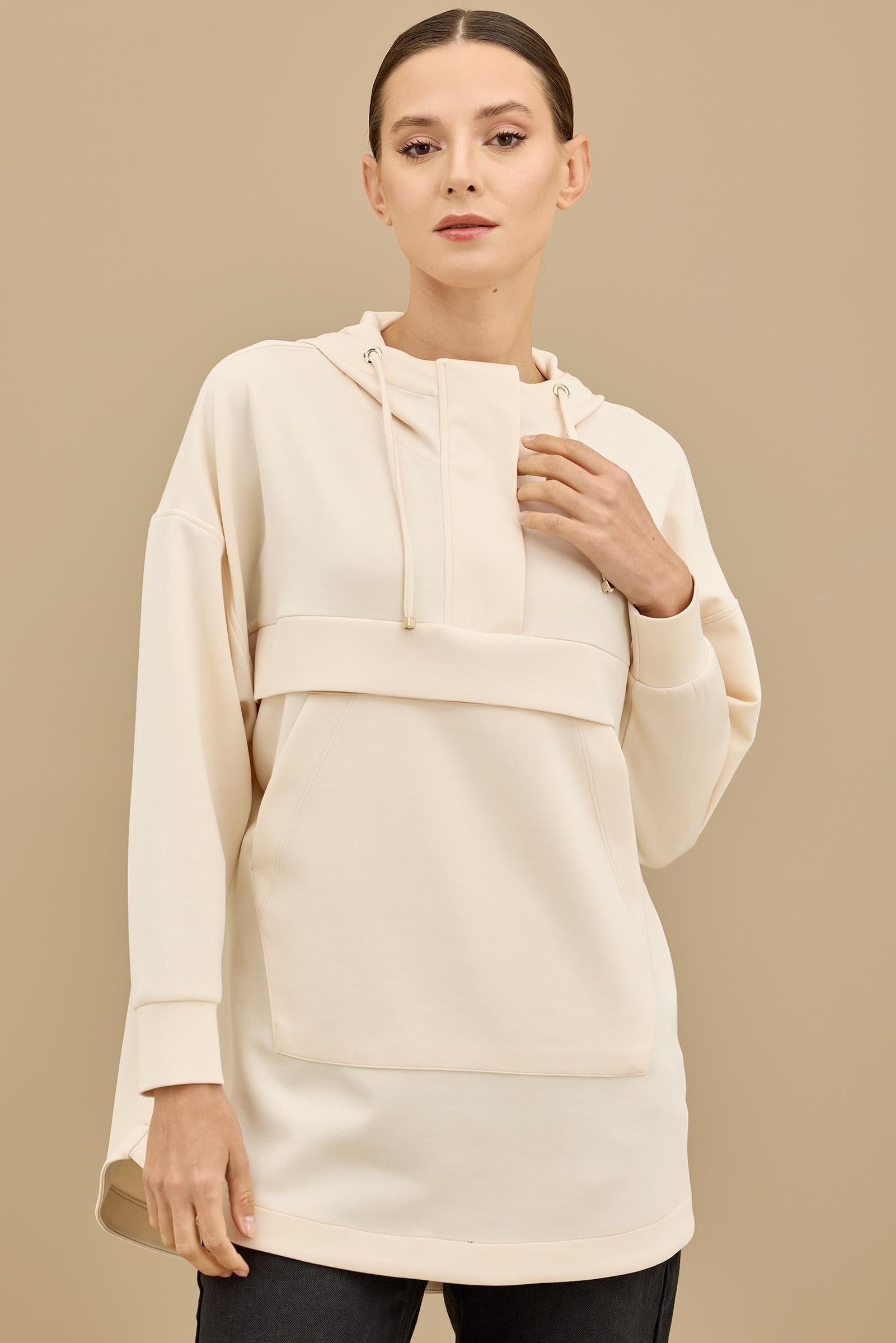 Yarım Fermuarlı Kapüşonlu Robası Allerli Tunik BEJ