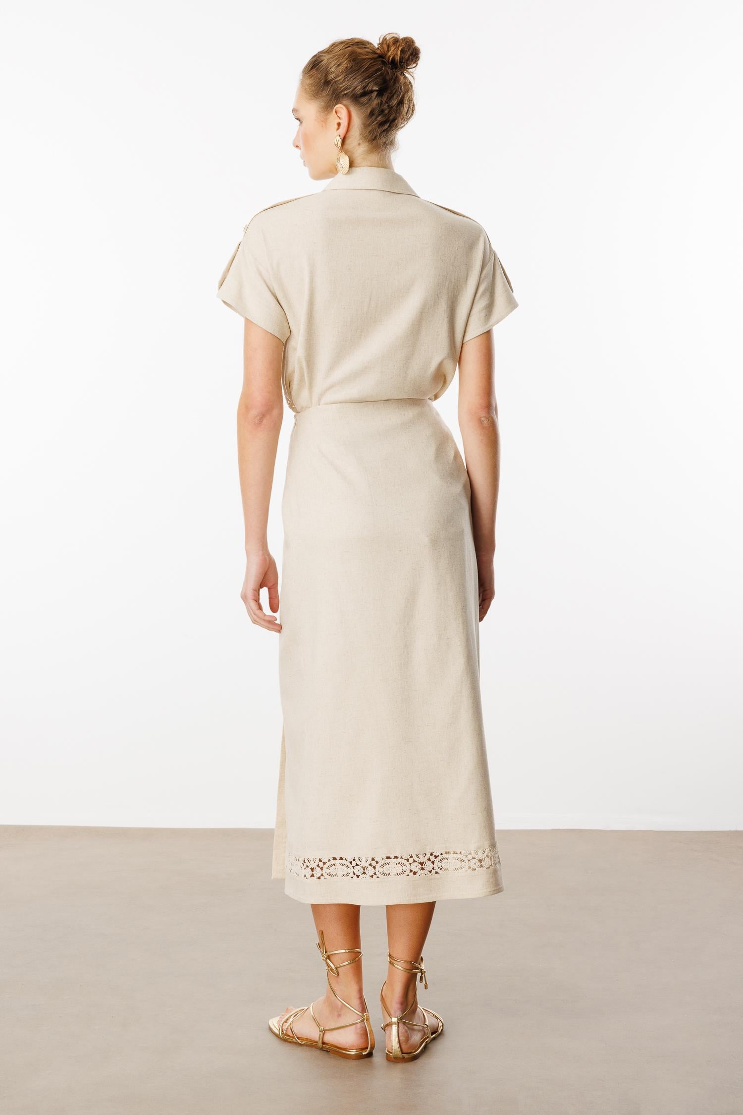 Modailgi  Anvelop Kapama Güpür Şerit Detaylı Yüksek Bel Keten Etek Orijinal