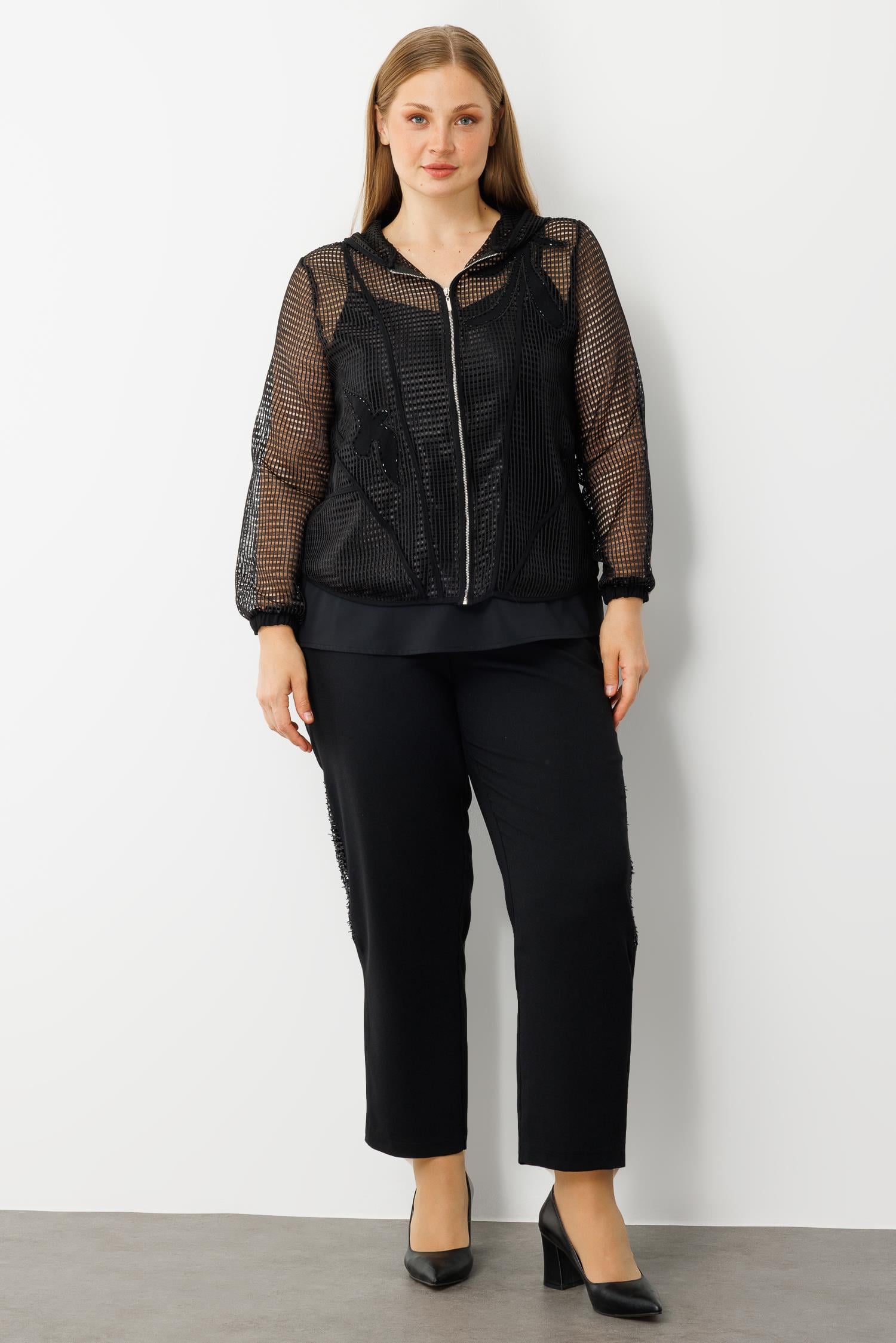 Modailgi  Aplikeli Kapüşonlu Fileli İkili Takım Siyah