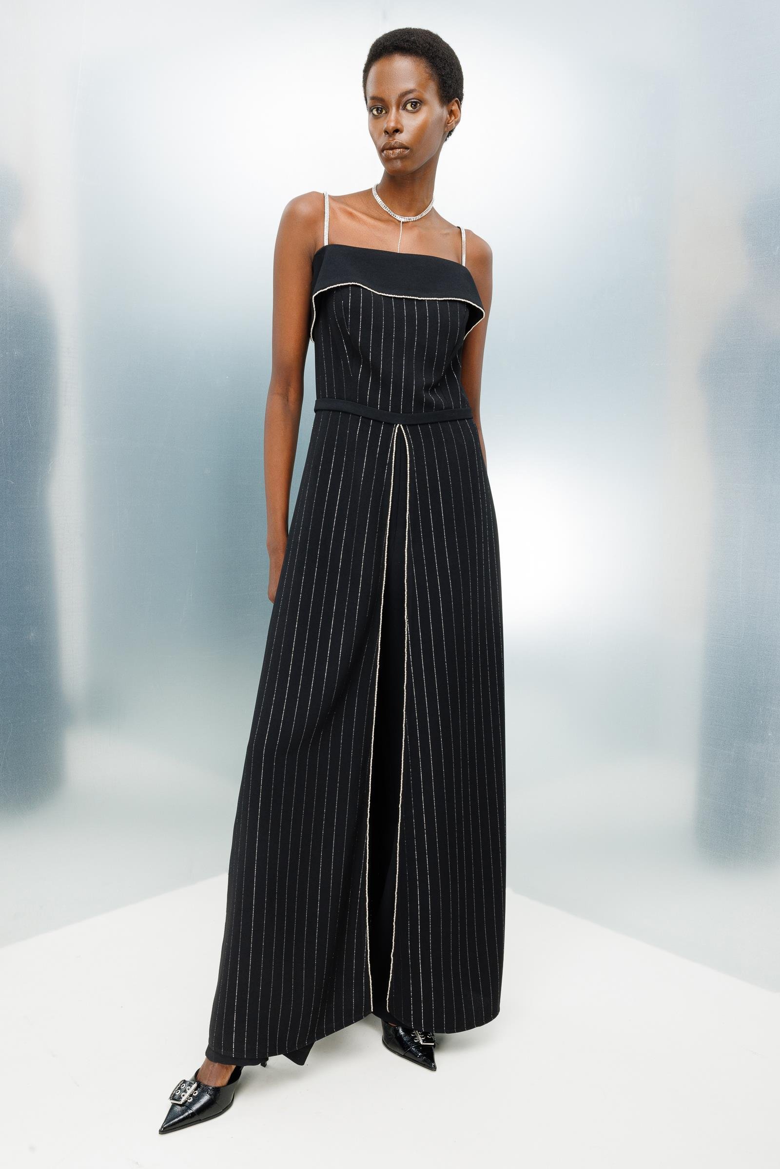 Modailgi  Askılı Taş Şeritli Simli Çizgili Tulum Siyah