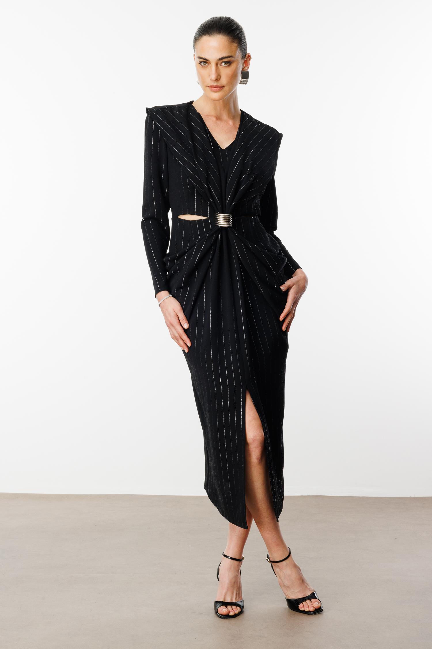 Modailgi  Belden Pencereli Halka Tokalı Simli Çizgili Elbise Siyah