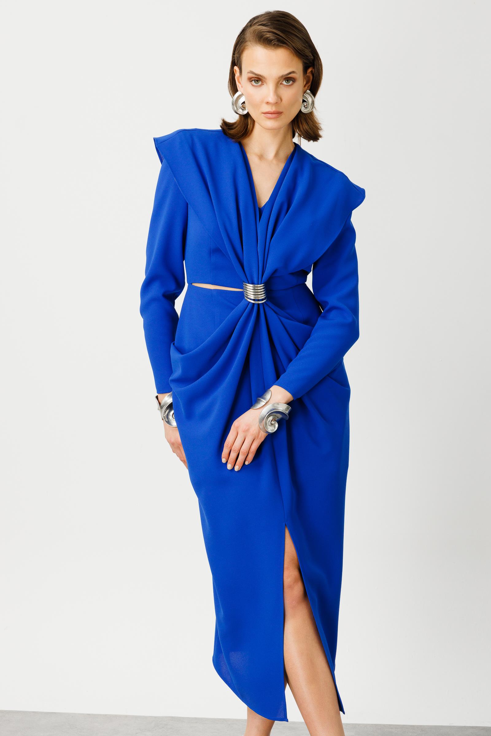 Modailgi  Belden Pencereli Halka Tokalı Elbise Saks