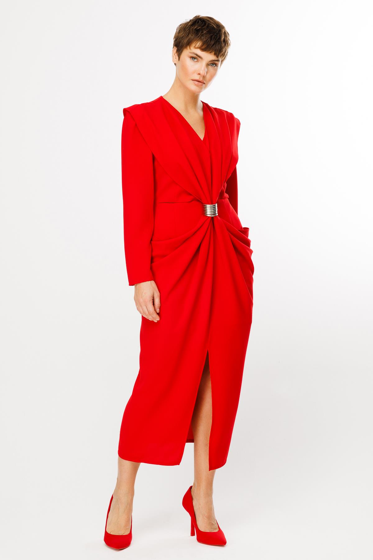 Modailgi  Belden Pencereli Halka Tokalı Elbise Kırmızı