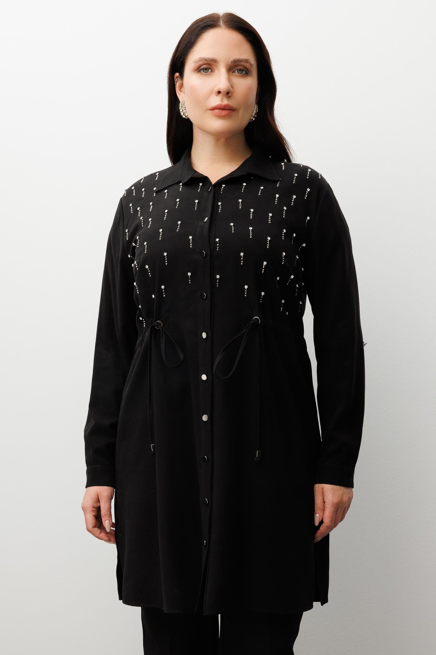 Modailgi  Beli Büzgülü Ön Bedeni İncili Taşlı Tunik Siyah