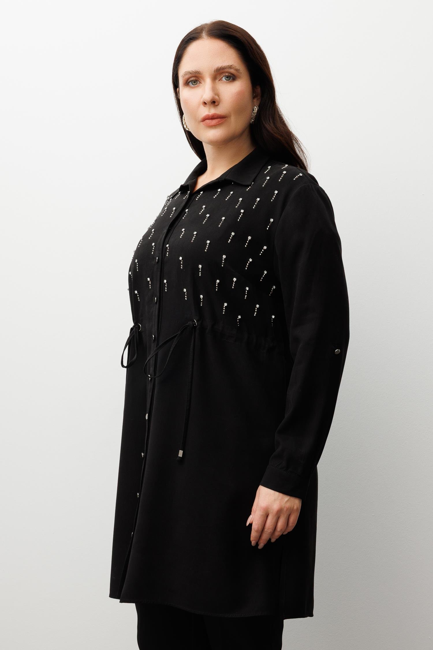 Modailgi  Beli Büzgülü Ön Bedeni İncili Taşlı Tunik Siyah