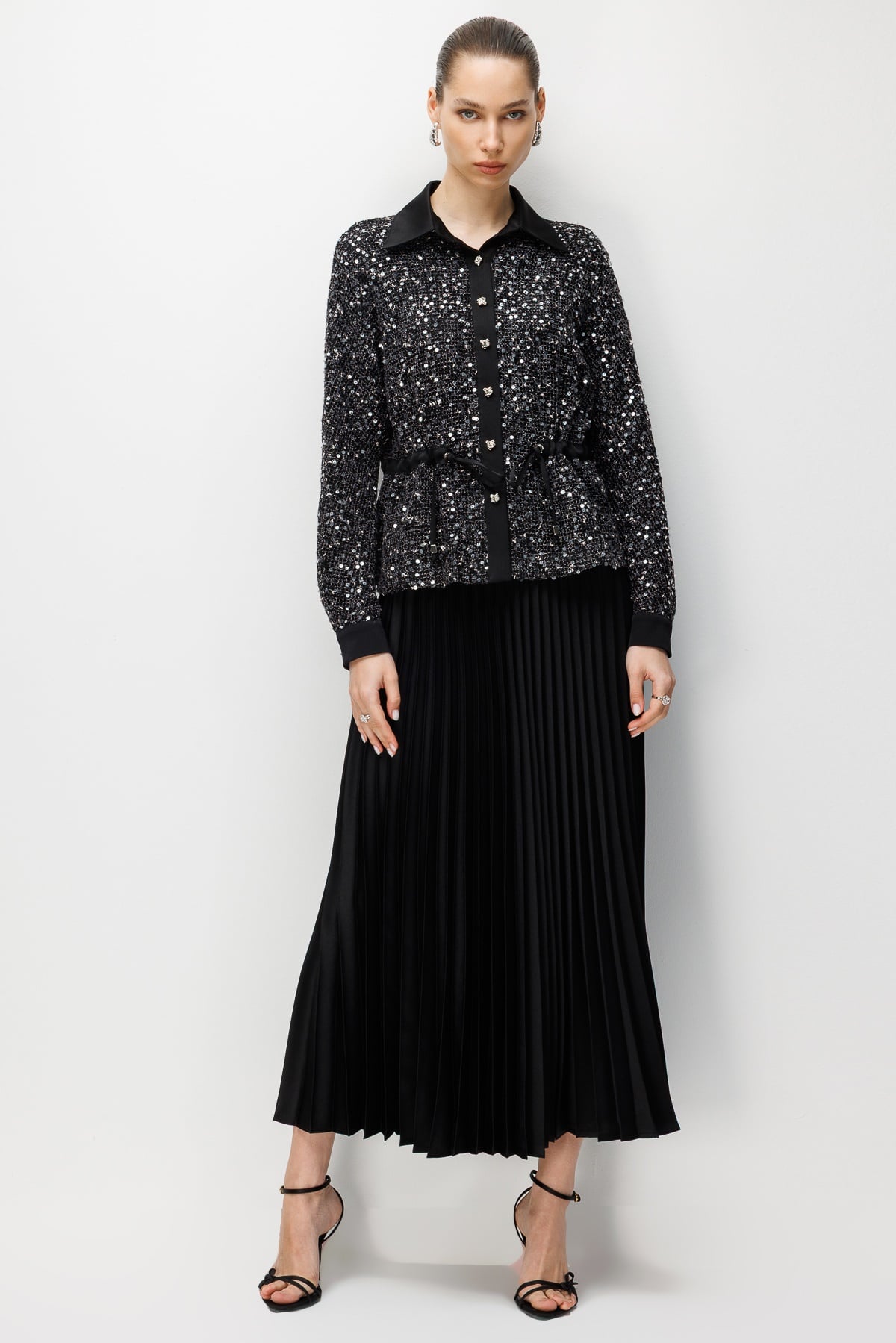 Modailgi  Beli Büzgülü Pullu File Detaylı Tunik - 30095 Siyah