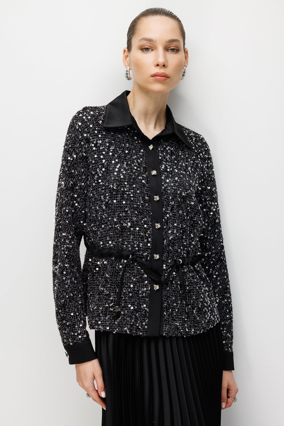 Modailgi  Beli Büzgülü Pullu File Detaylı Tunik - 30095 Siyah