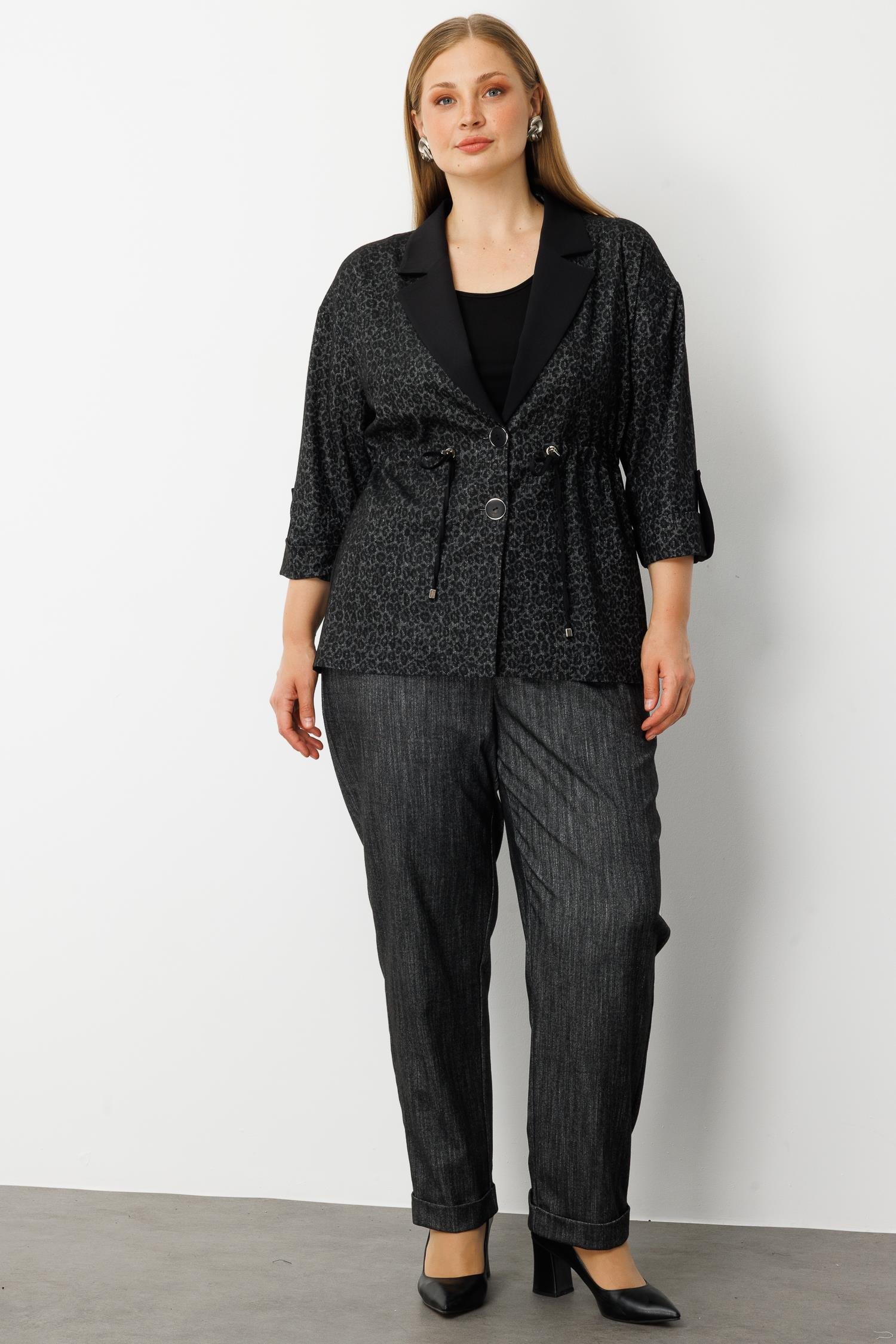 Modailgi  Beli Büzgülü Tek Düğme Leopar Ceket - 30062 Antrasit