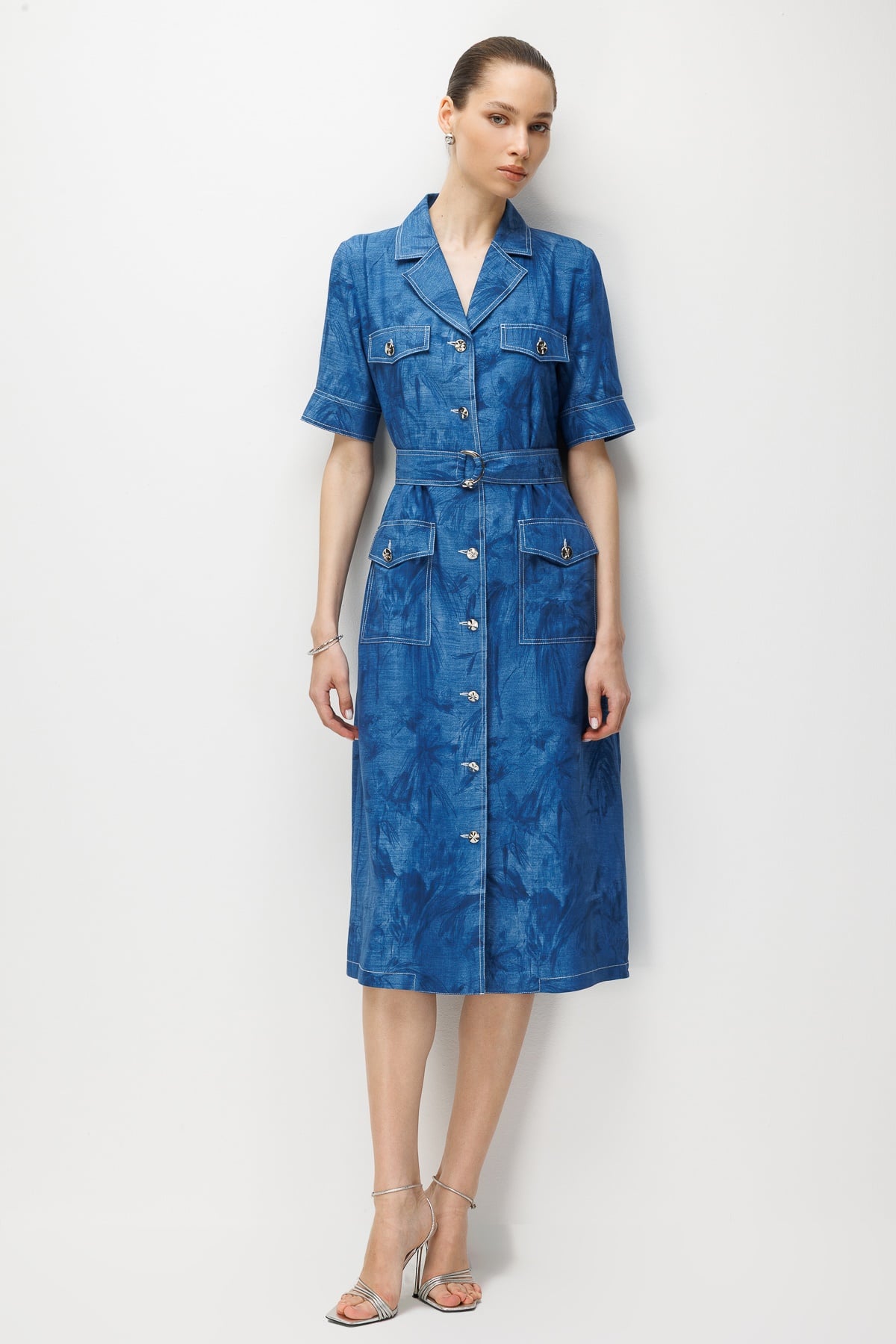 Modailgi  Beli Kemerli Cepli Düğme Kapamalı Mono Yaka Kısa Kollu Elbise İndigo