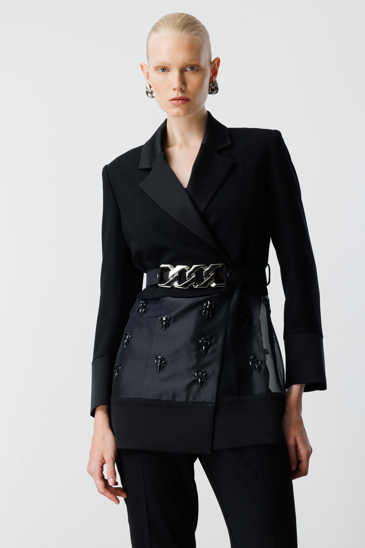 Modailgi  Beli Kemerli Organze Detaylı Kruvaze Ceket - 40111 Siyah