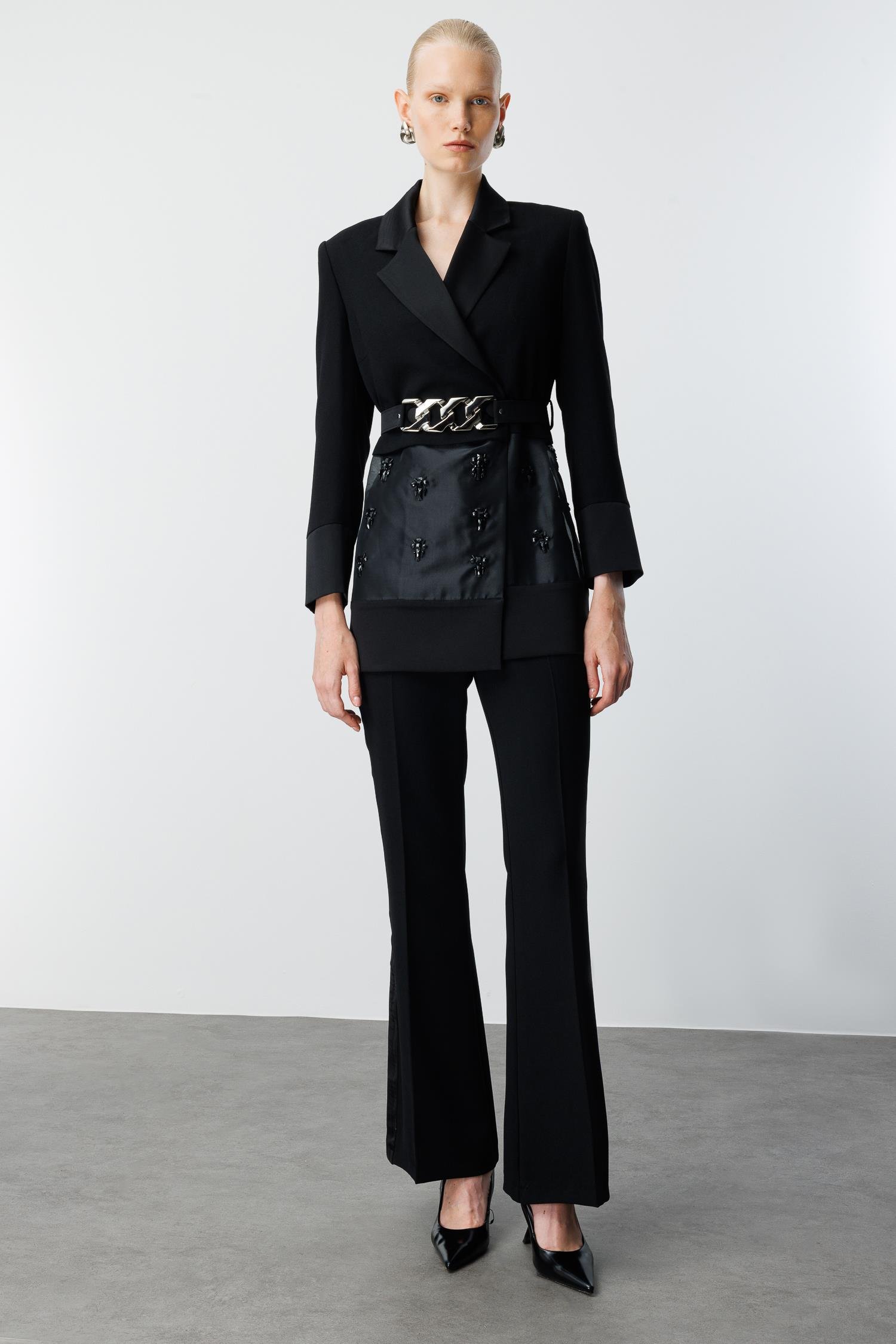 Modailgi  Beli Kemerli Organze Detaylı Kruvaze Ceket - 40111 Siyah