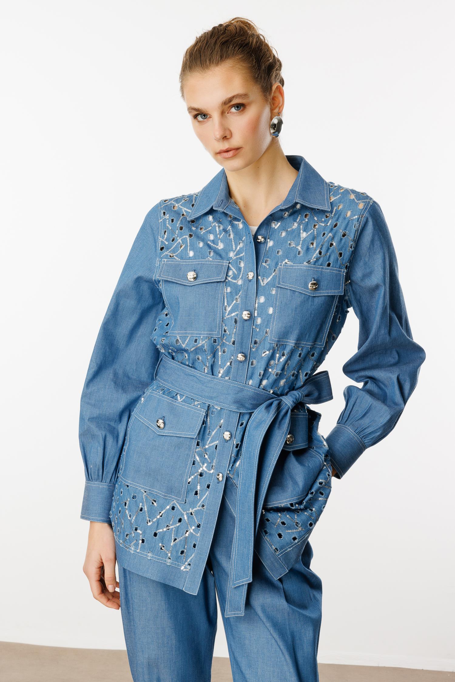 Modailgi  Beli Kuşaklı Düğme Kapamalı Pul İşlemeli Tunik Mavi