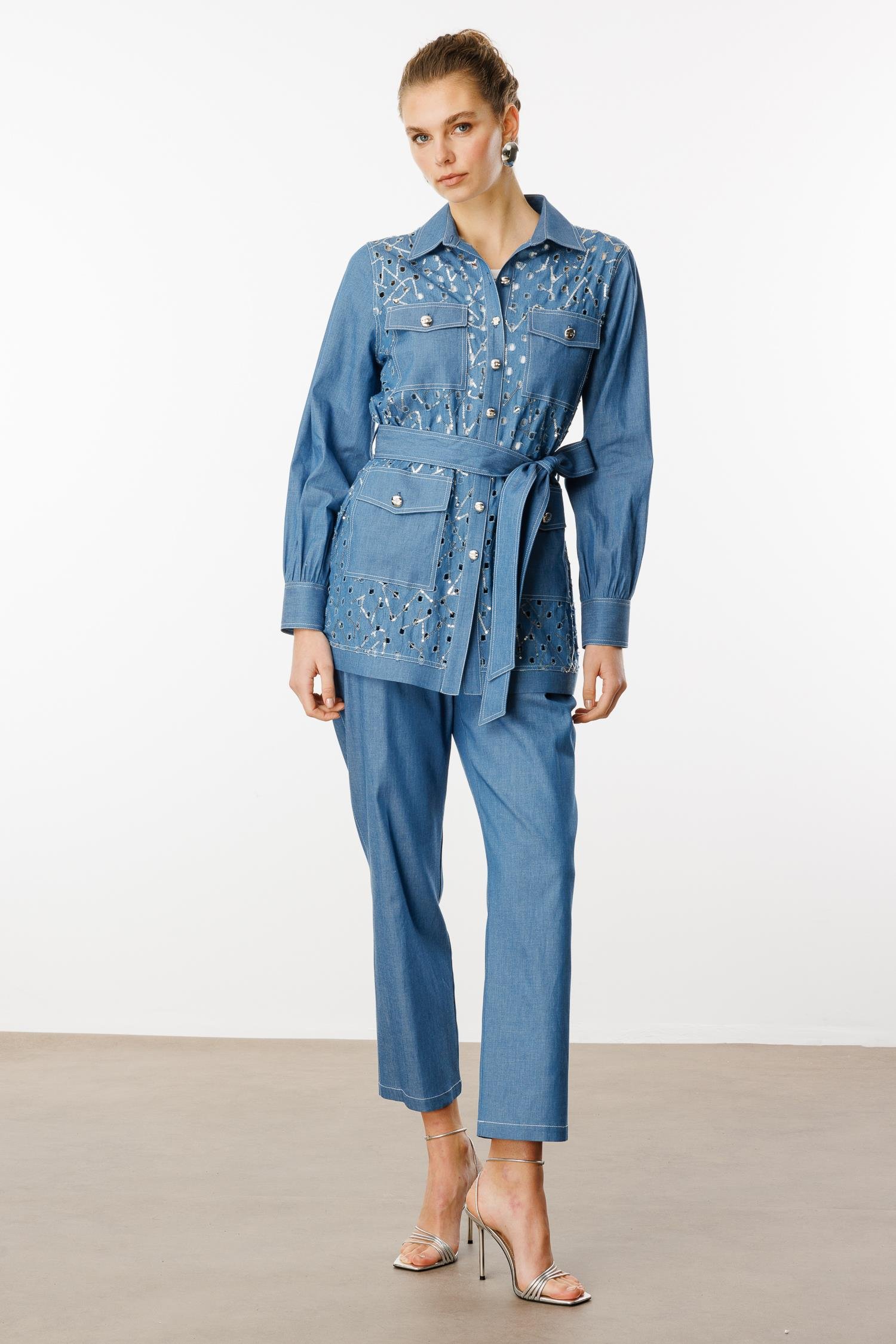 Modailgi  Beli Kuşaklı Düğme Kapamalı Pul İşlemeli Tunik Mavi