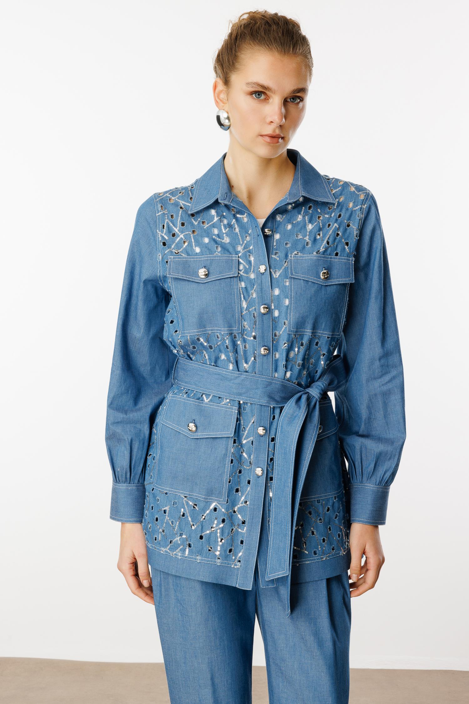 Modailgi  Beli Kuşaklı Düğme Kapamalı Pul İşlemeli Tunik Mavi