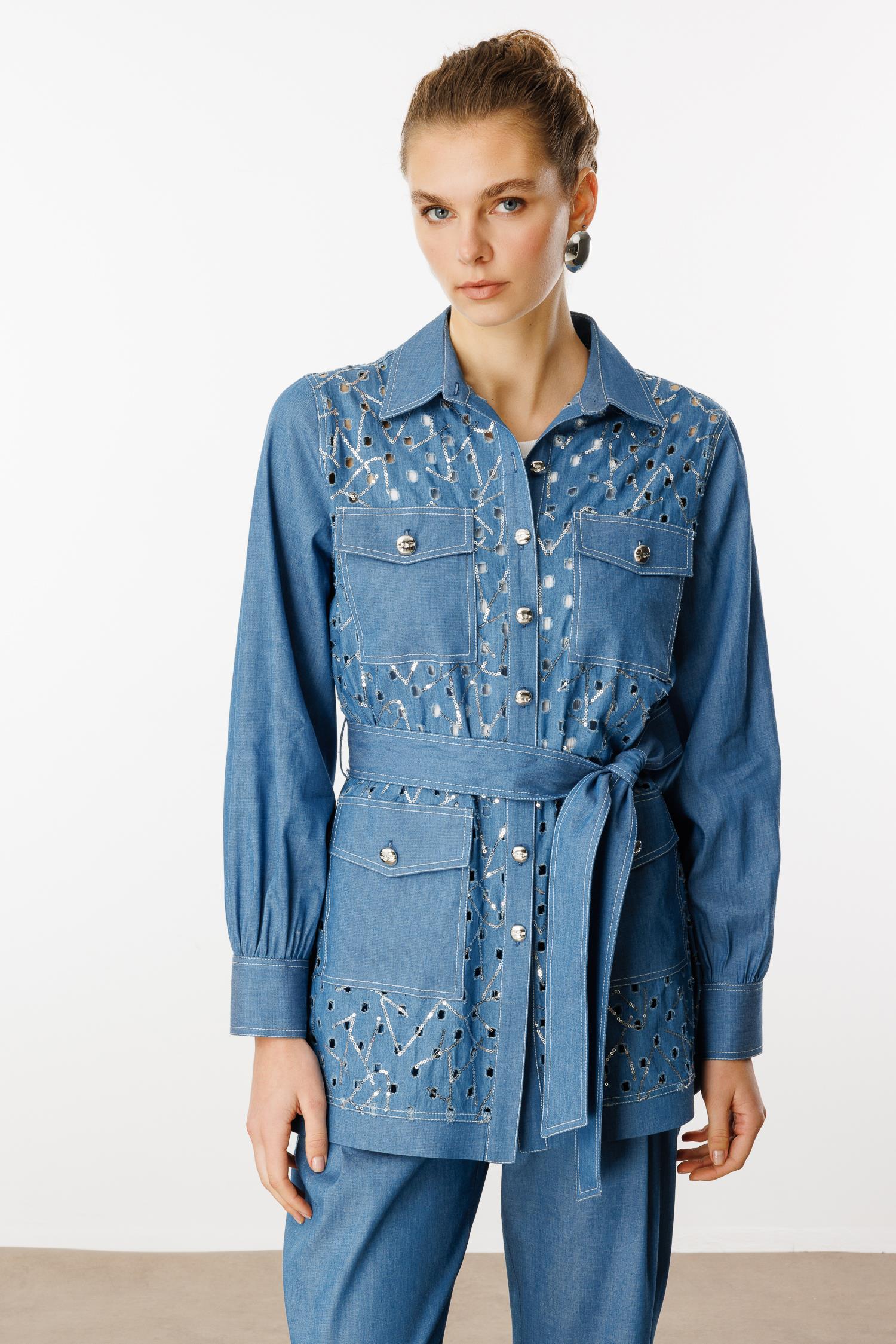 Modailgi  Beli Kuşaklı Düğme Kapamalı Pul İşlemeli Tunik Mavi