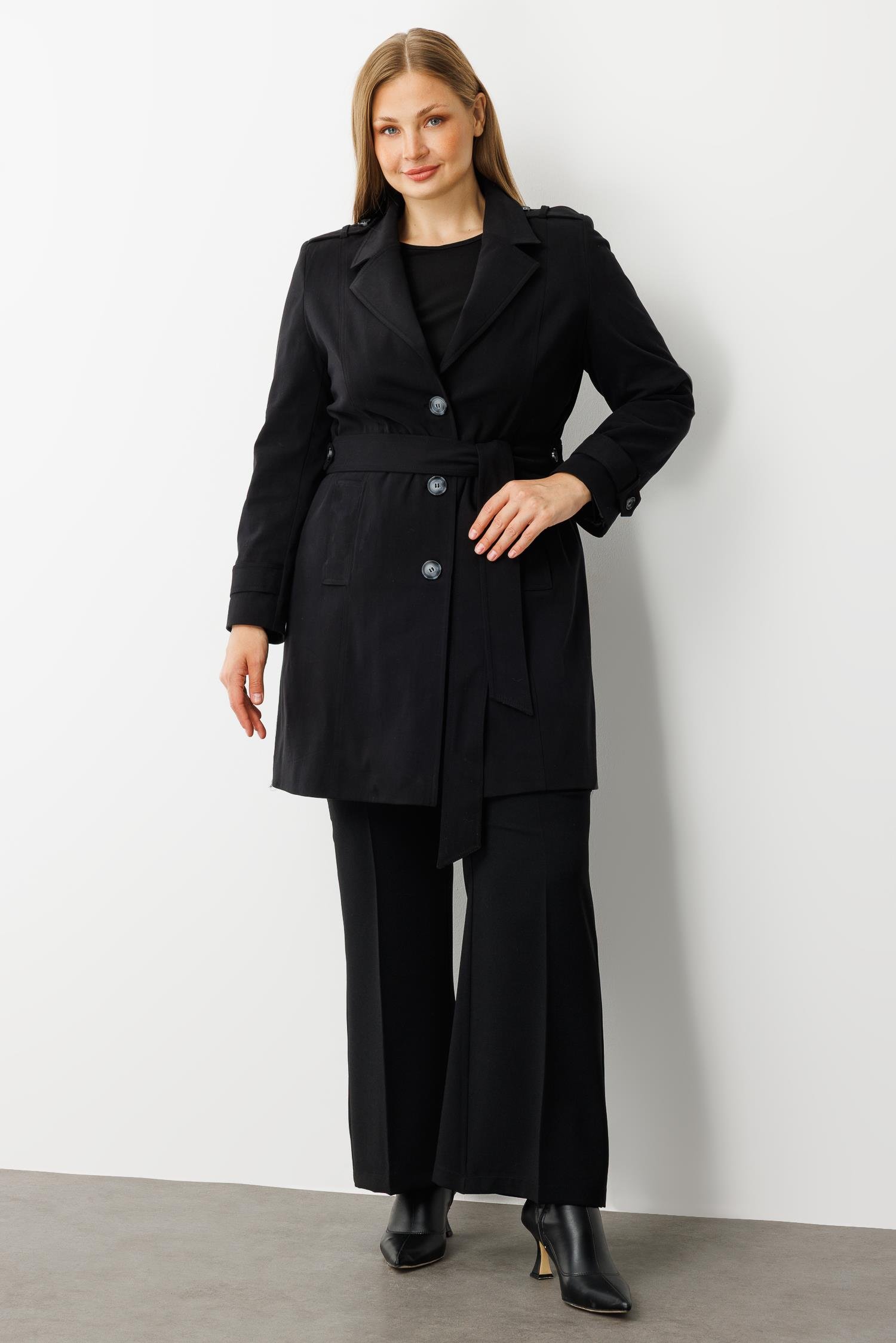 Modailgi  Beli Kuşaklı Omuzları Apoletli Trençkot Siyah