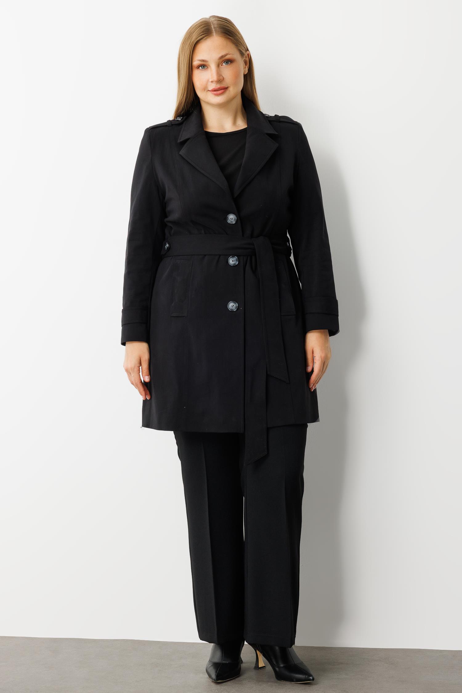 Modailgi  Beli Kuşaklı Omuzları Apoletli Trençkot Siyah