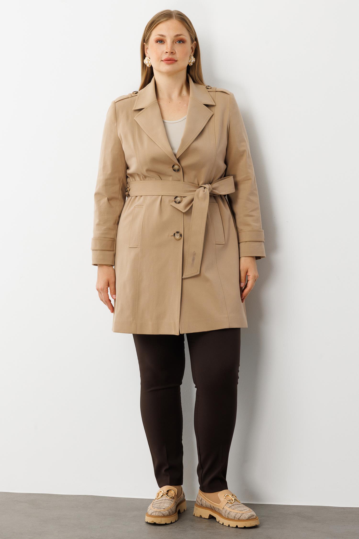 Modailgi  Beli Kuşaklı Omuzları Apoletli Trençkot Camel