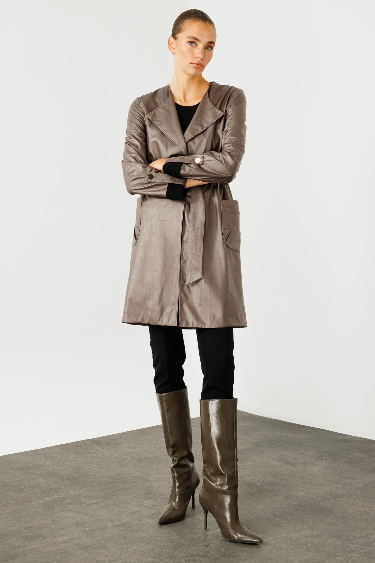 Modailgi  Beli Lastik ve Kuşak Detaylı Torba Cepli Şal Yaka Trenç Gri